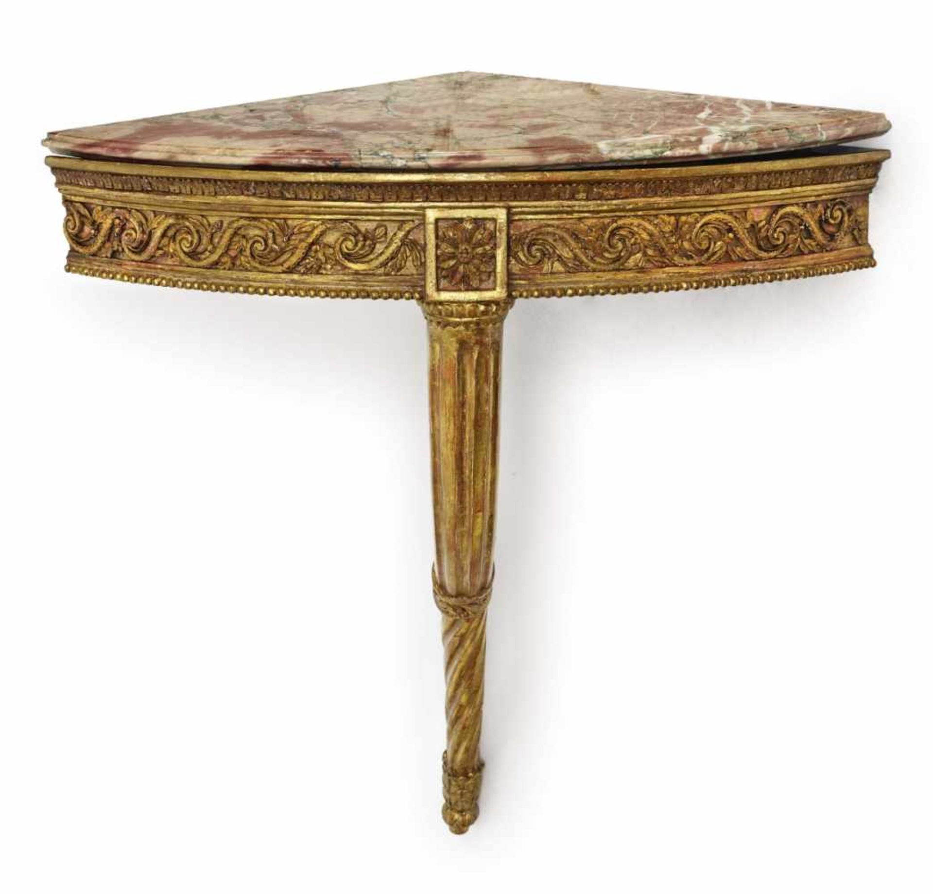 A corner consoleItaly, 18th/ 19th century Wood, painted in gold. Marble top. Restored, bumped. 84