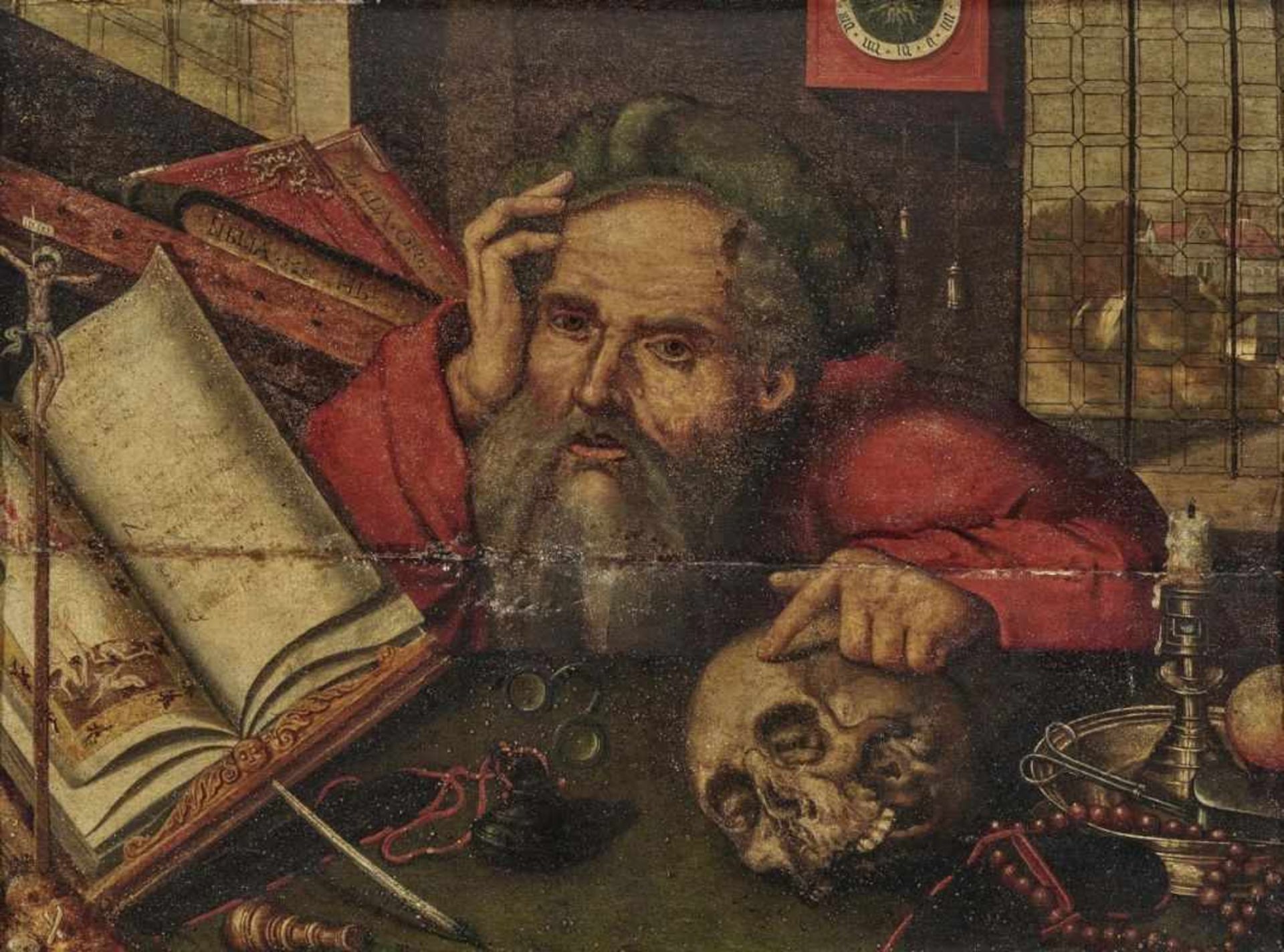 (Follower of) Cleve, Joos vanSaint Jerome in His Study On verso, note with old attribution to