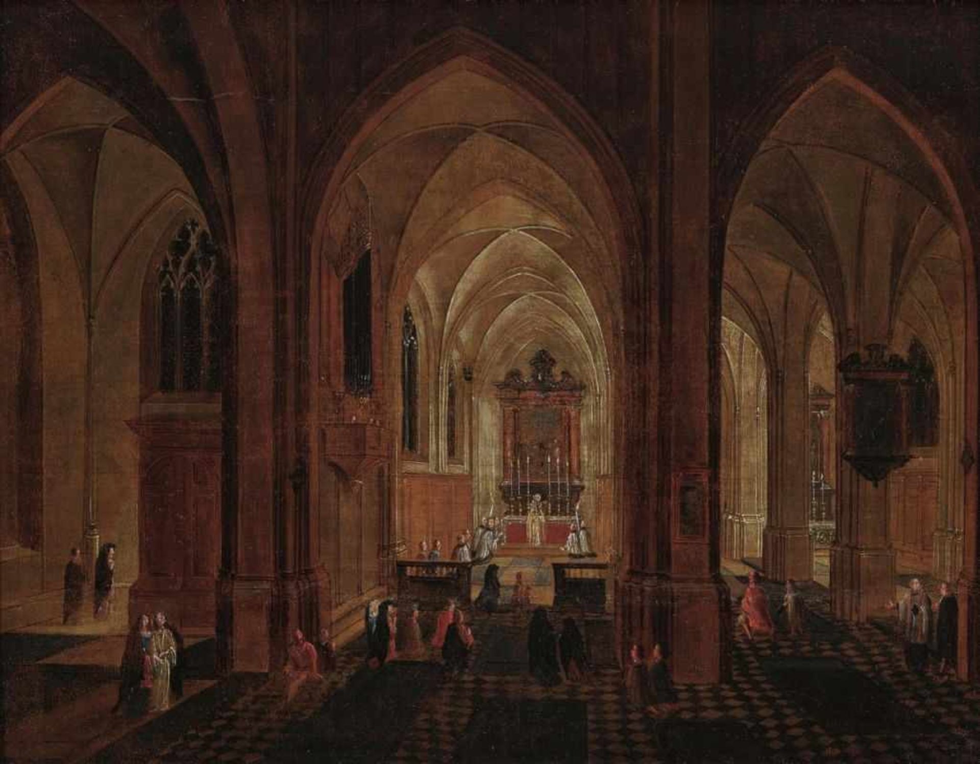 (Circle of) Neefs, PeeterA Church Interior in the Evening Oil on panel. 28.4 x 36.5 cm. Parqueted.