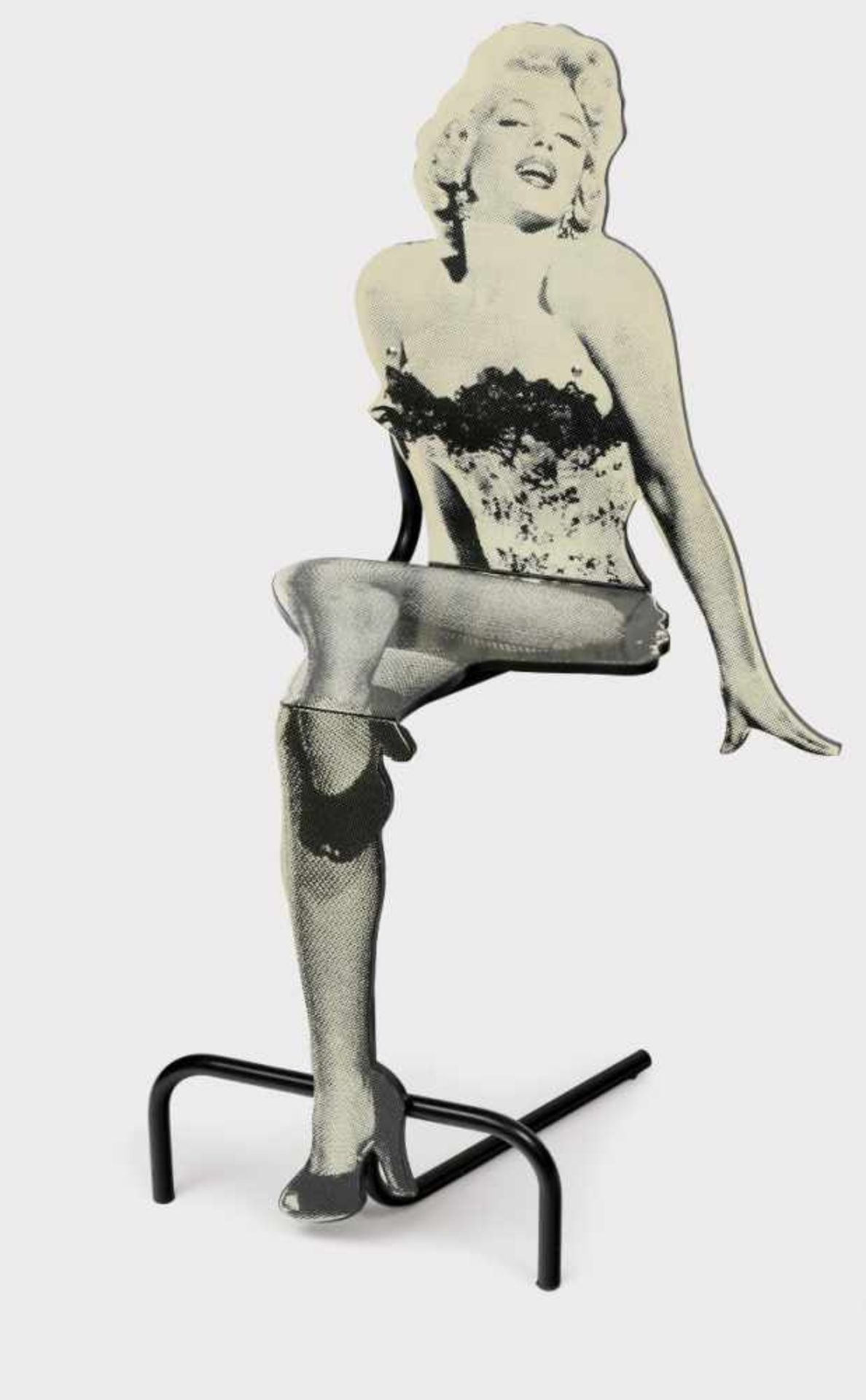 ''Marilyn Monroe'' ChairC. 1980 Wood, laminated with Marilyn Monroe print design. Metal pipe