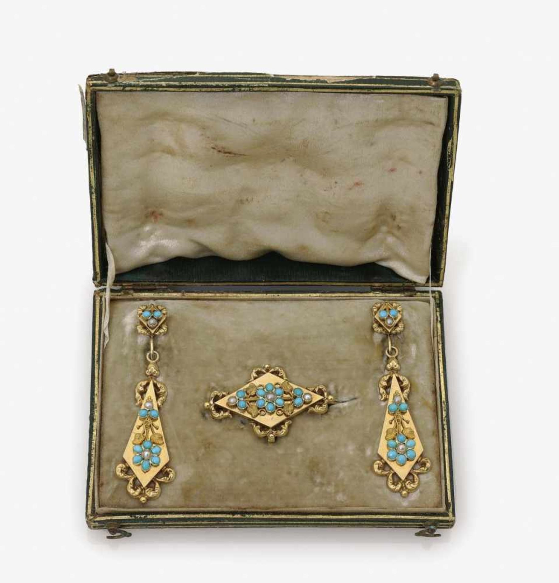 A Turquoise Demi Parure, consisting of a Brooch and EarringsProbably France, circa 1850 18K yellow