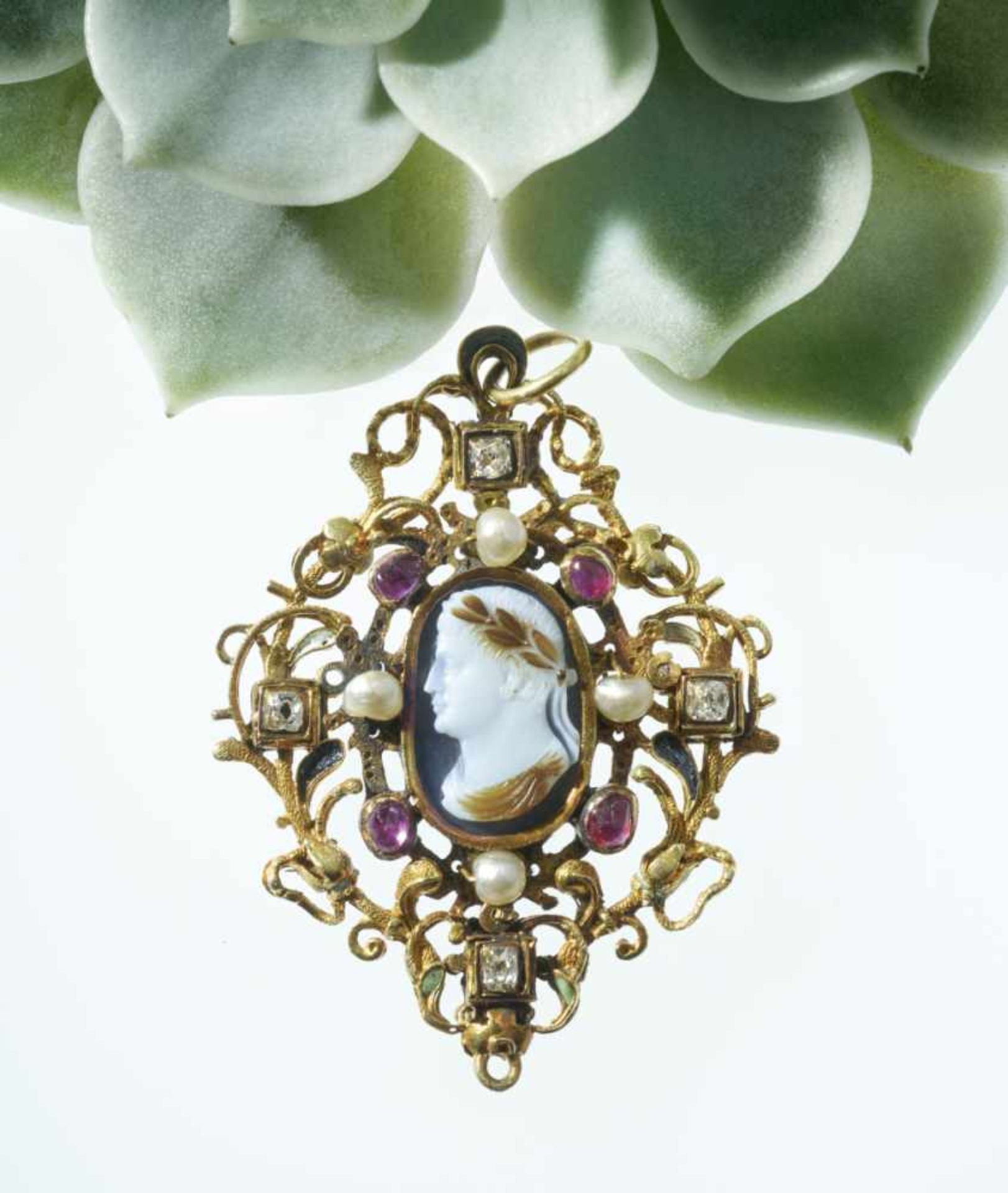 A Diamond, Ruby, Pearl and Enamel Cameo PendantProbably France, circa 1580 18K yellow gold (