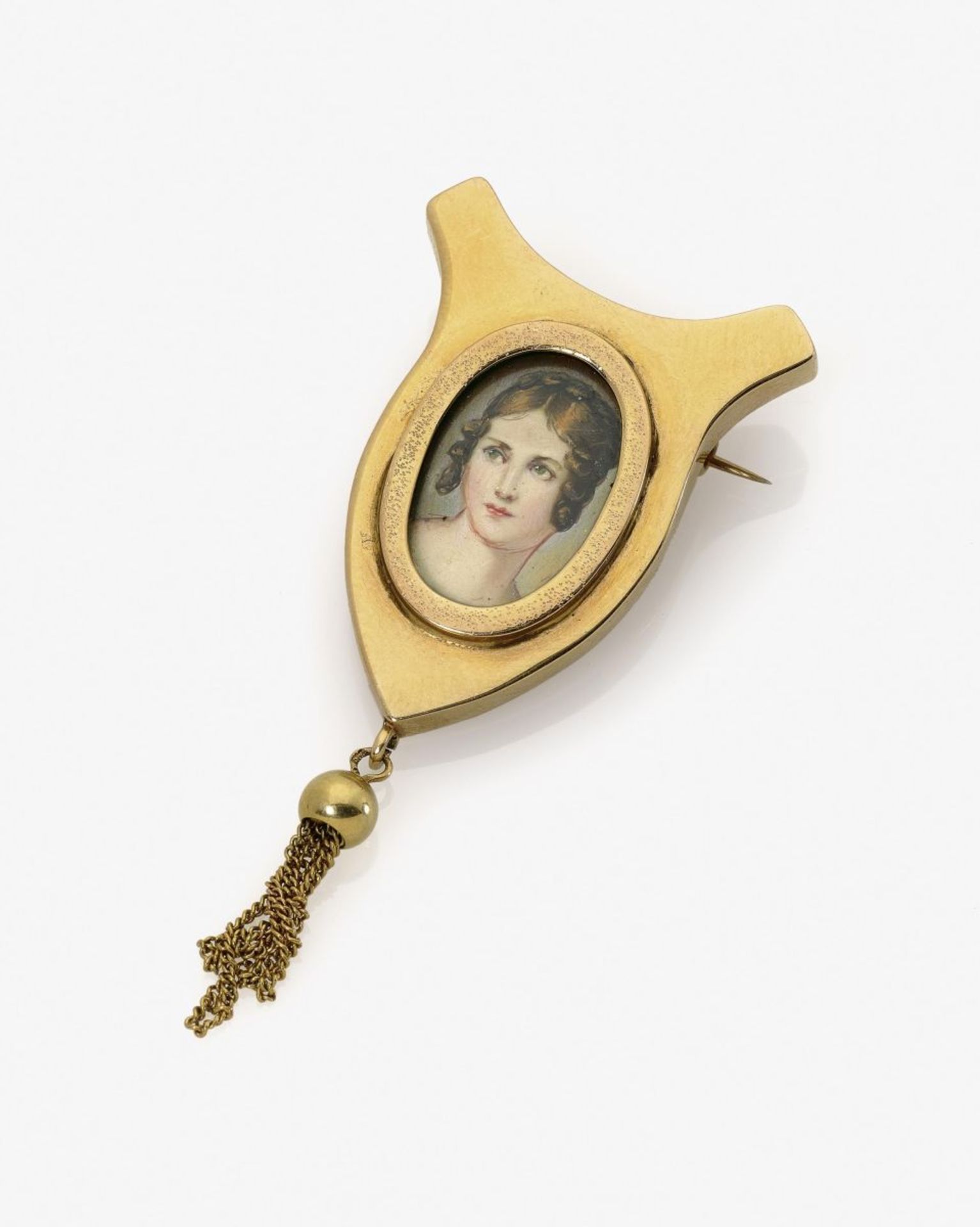 A Brooch with a Portrait MiniatureGermany, circa 1860 14K yellow gold (585/-), tested. Gouache on
