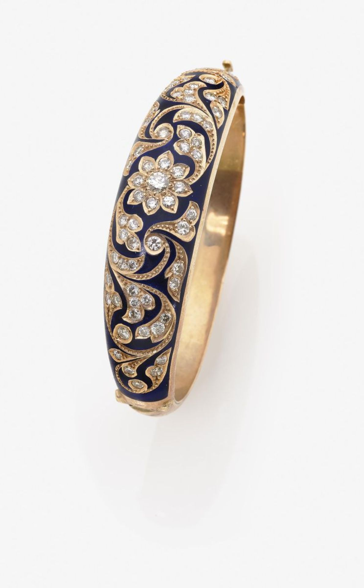 A Diamond set Bangle with Blue Enamel Decoration14K yellow gold, stamped, 12K yellow gold, tested.