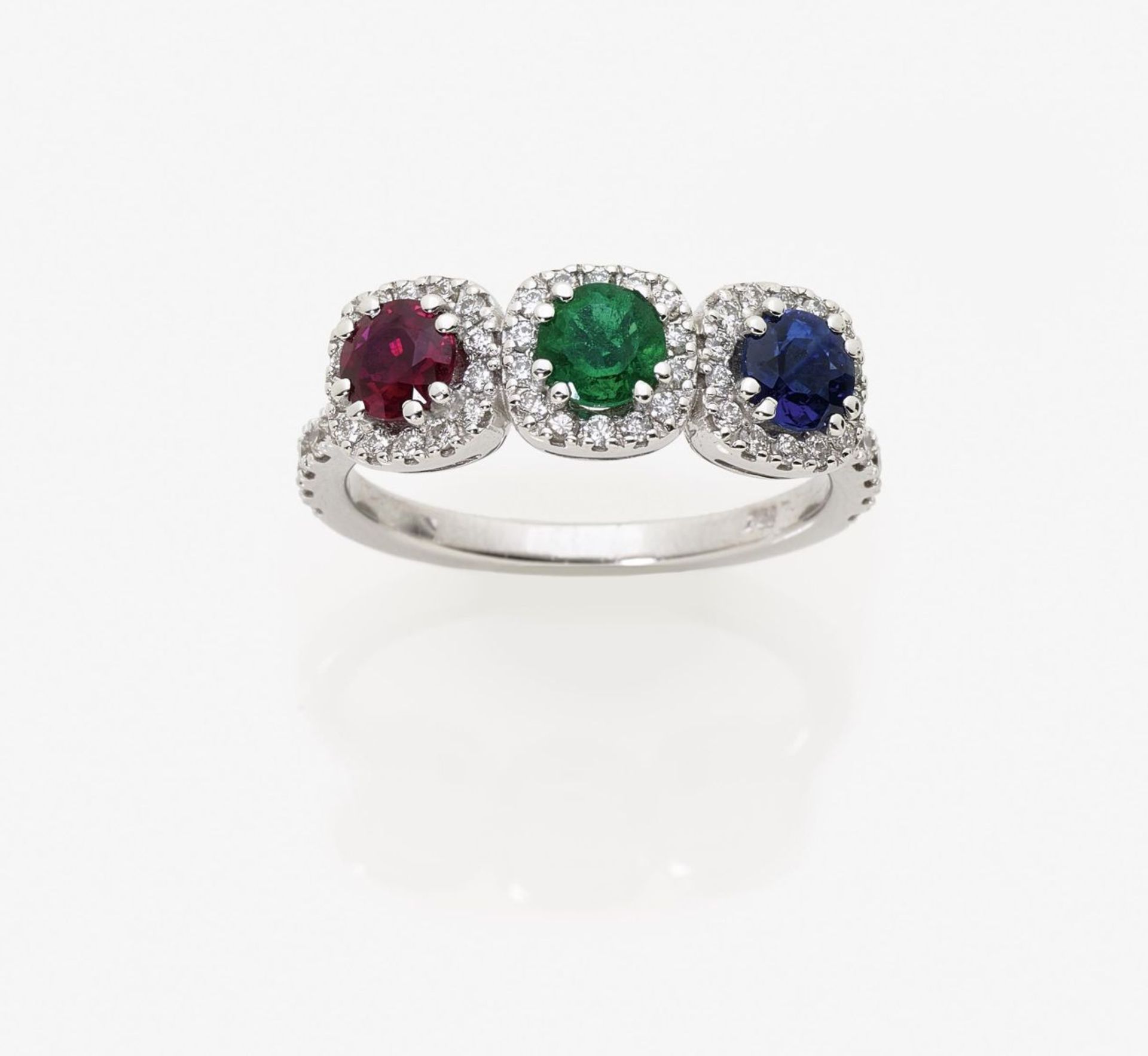 A Sapphire, Emerald, Ruby and Diamond RingGermany 18K white gold (750/-), stamped. 54 small,