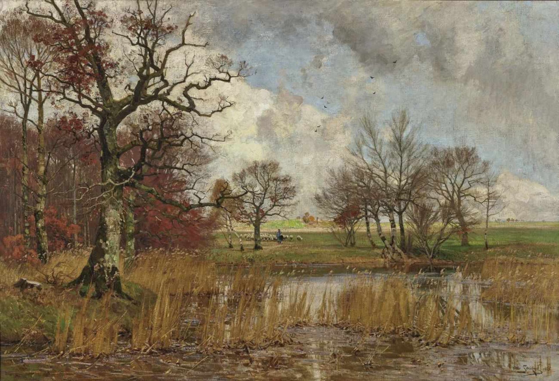 Strützel, OttoAutumn Landscape with Shepherds Signed lower right and dated 1915. On the verso,