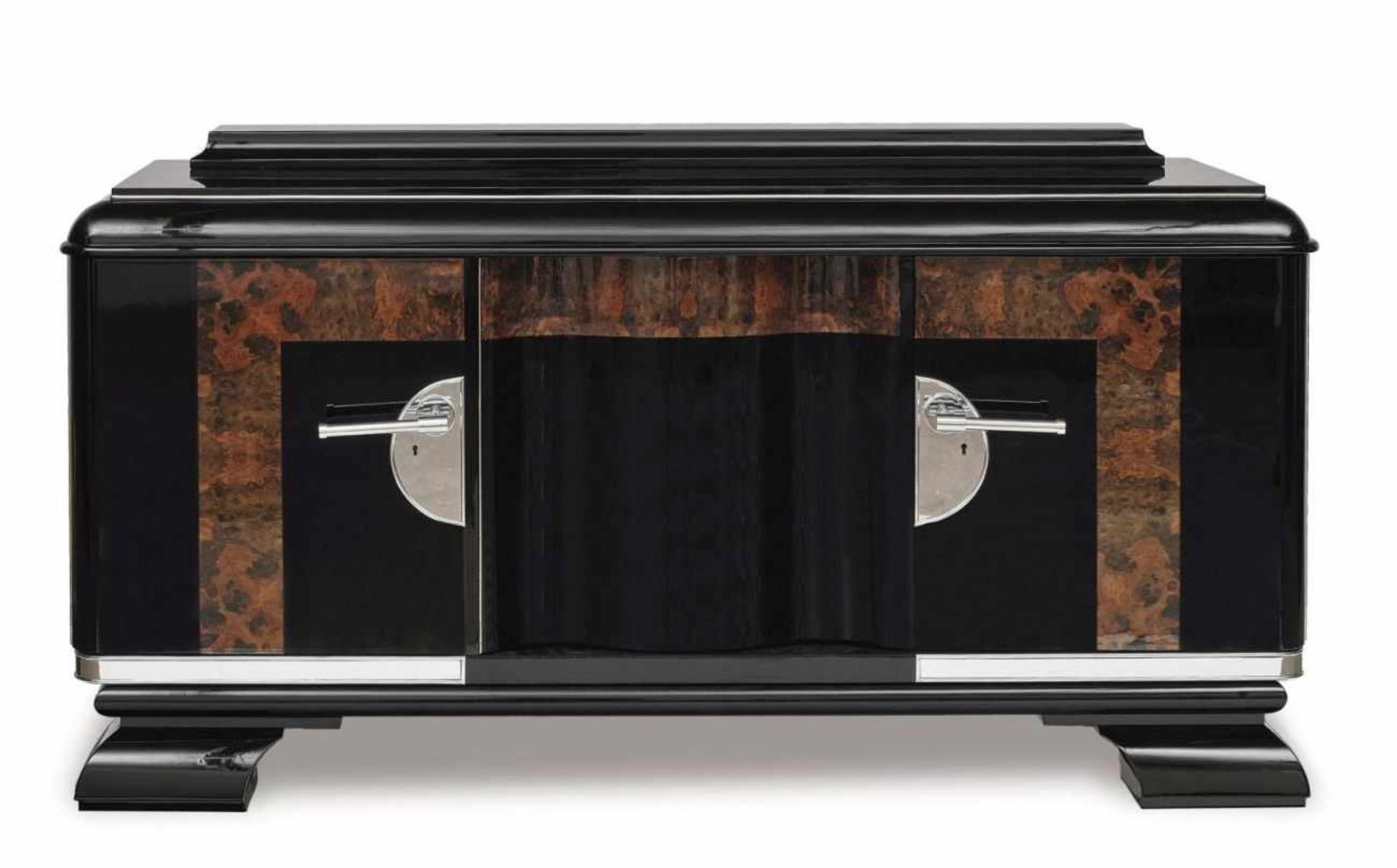 An Art Deco sideboardFrance, circa 1930 Wood, lacquered. Veneered burr walnut. Metal straps.