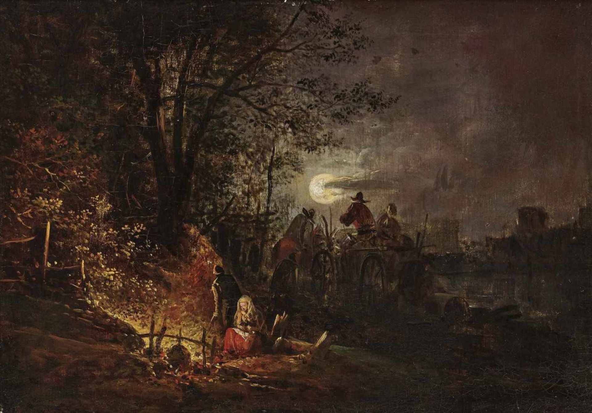 Dutch School (?) 17th centuryCamp Outside the City at Night Verso inscribed ''Petmeyer (?)''. Oil on