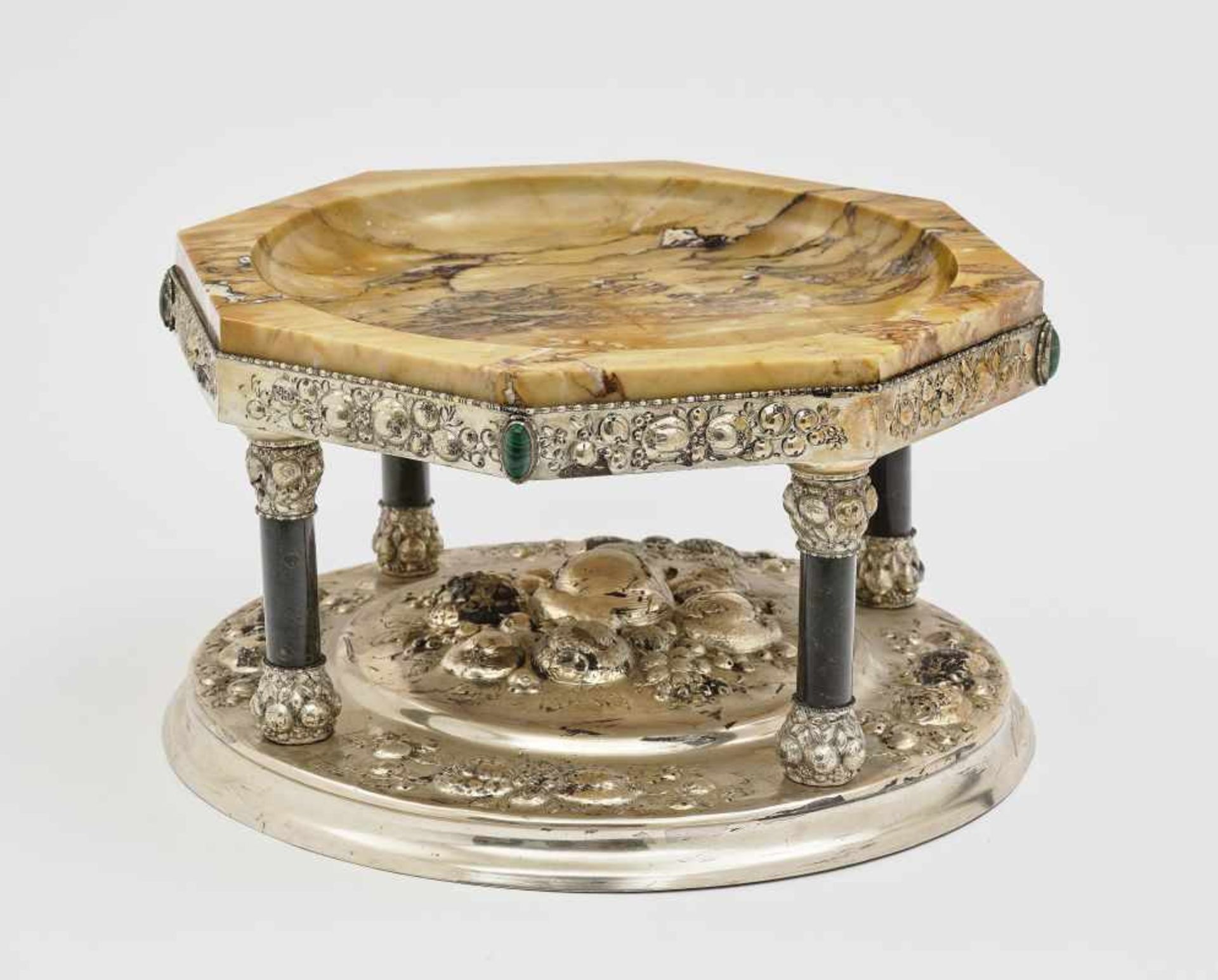 A centrepieceProbably Max Stobl, Munich, late 19th century Silver. Marble bowl. Malachite cabochons,