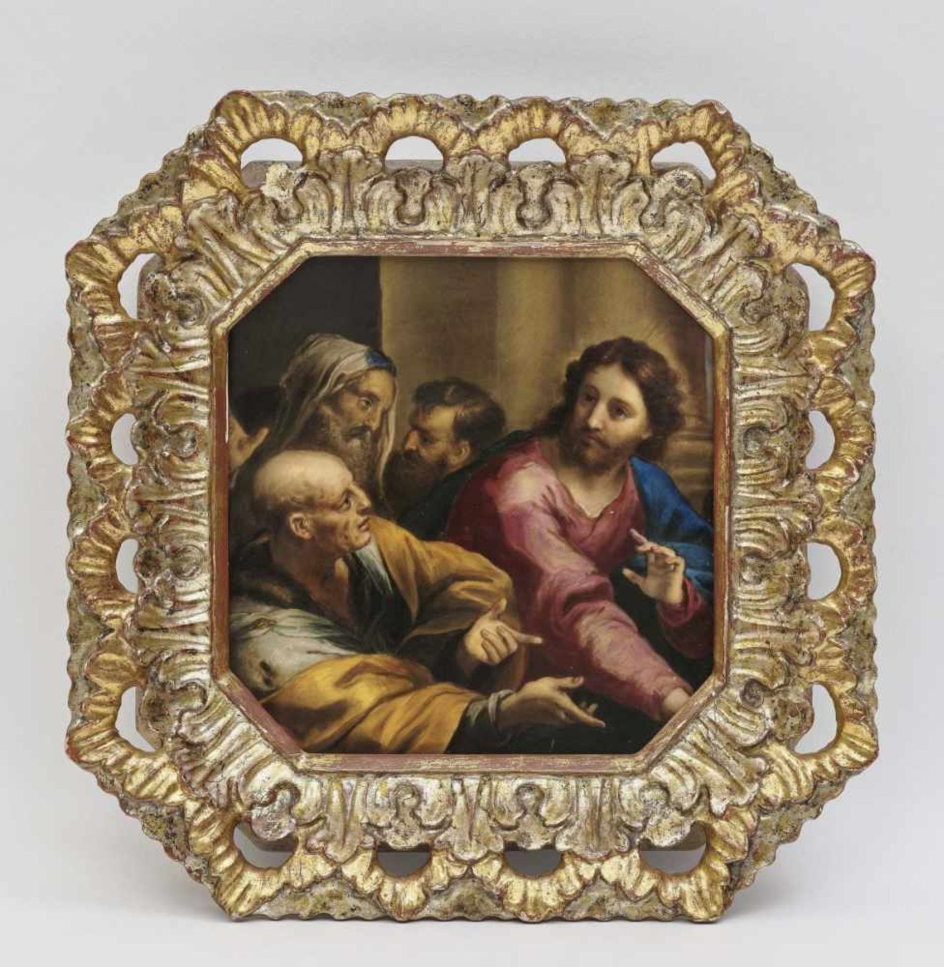 Christ and the Traders in the Temple19th century Porcelain image. Framed. Crack. 16 x 15 cm.