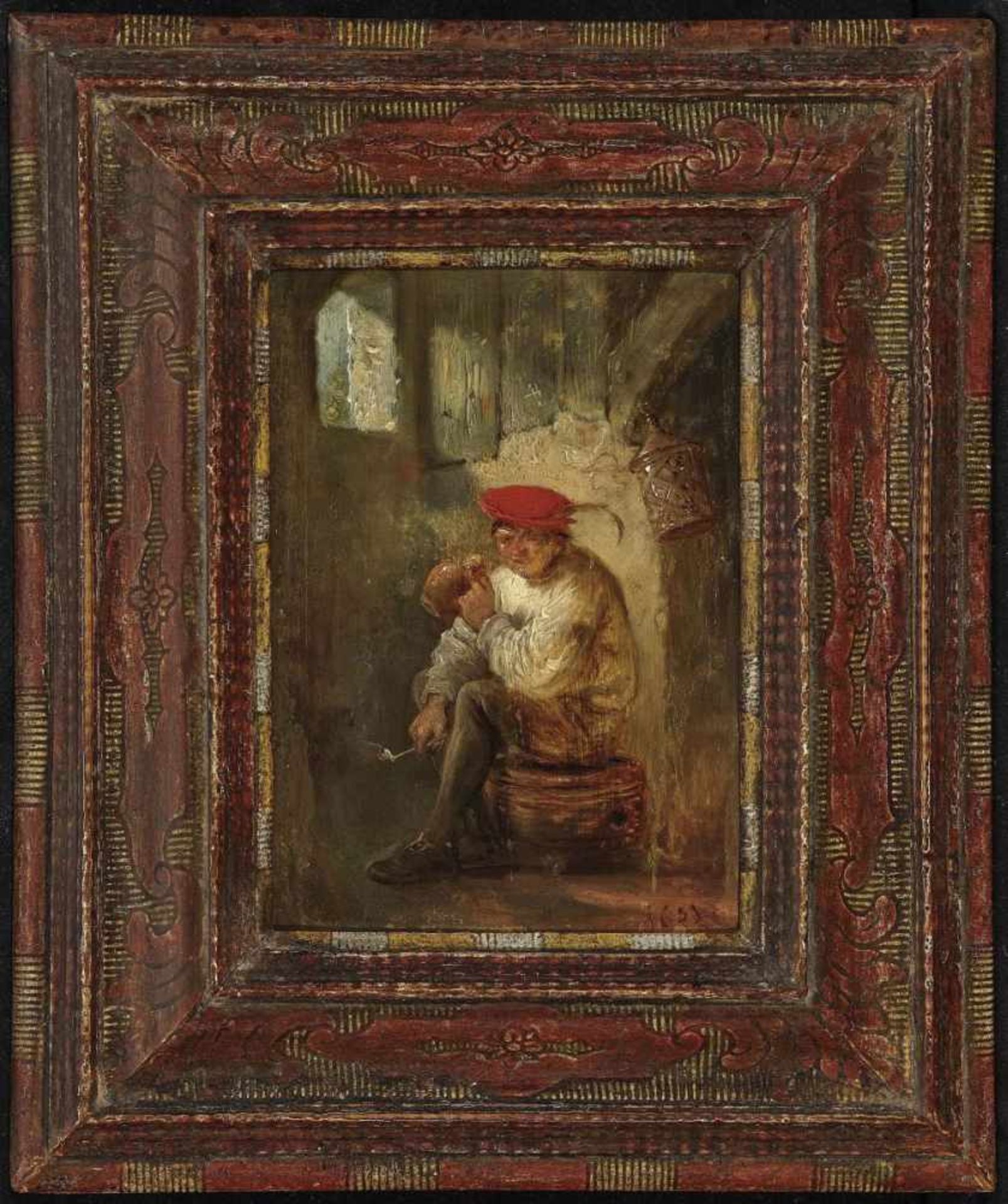 Dutch School, circa 1651Drinking and Smoking Farmer at the Window Dated 1651 lower right. Oil on - Bild 2 aus 2