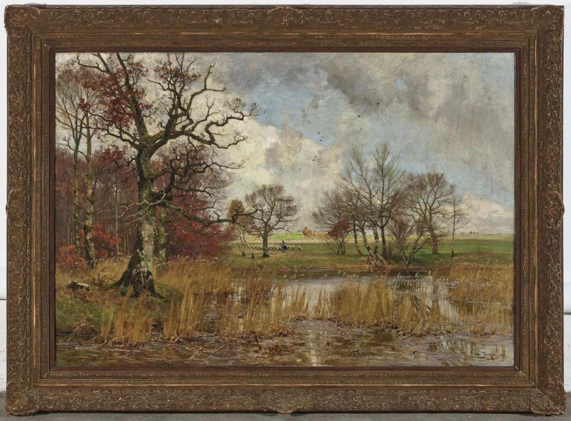 Strützel, OttoAutumn Landscape with Shepherds Signed lower right and dated 1915. On the verso, - Bild 2 aus 3