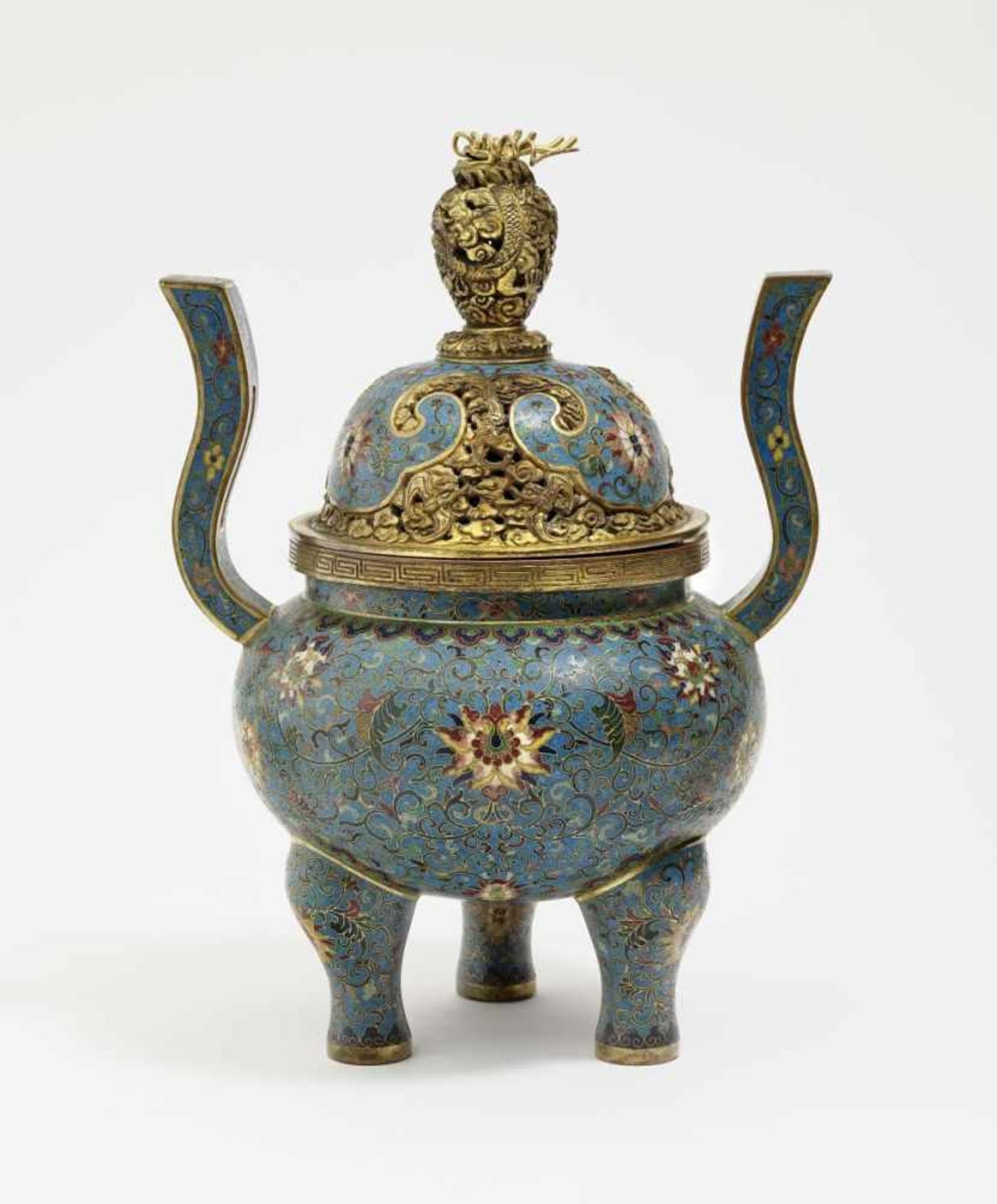 A Cloisonné incense burnerChina, Qing Bronze. Email decor on turquoise ground. Height 31 cm.China,