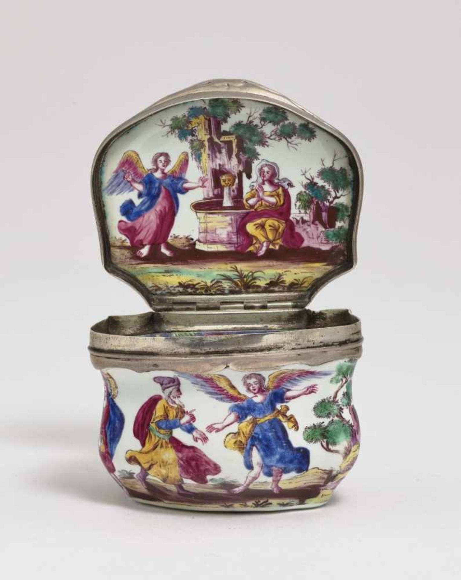 A Snuff BoxGerman, 2nd half of the 18th Century Enamel on copper. Silver mount. Minor rubbing. 4 x