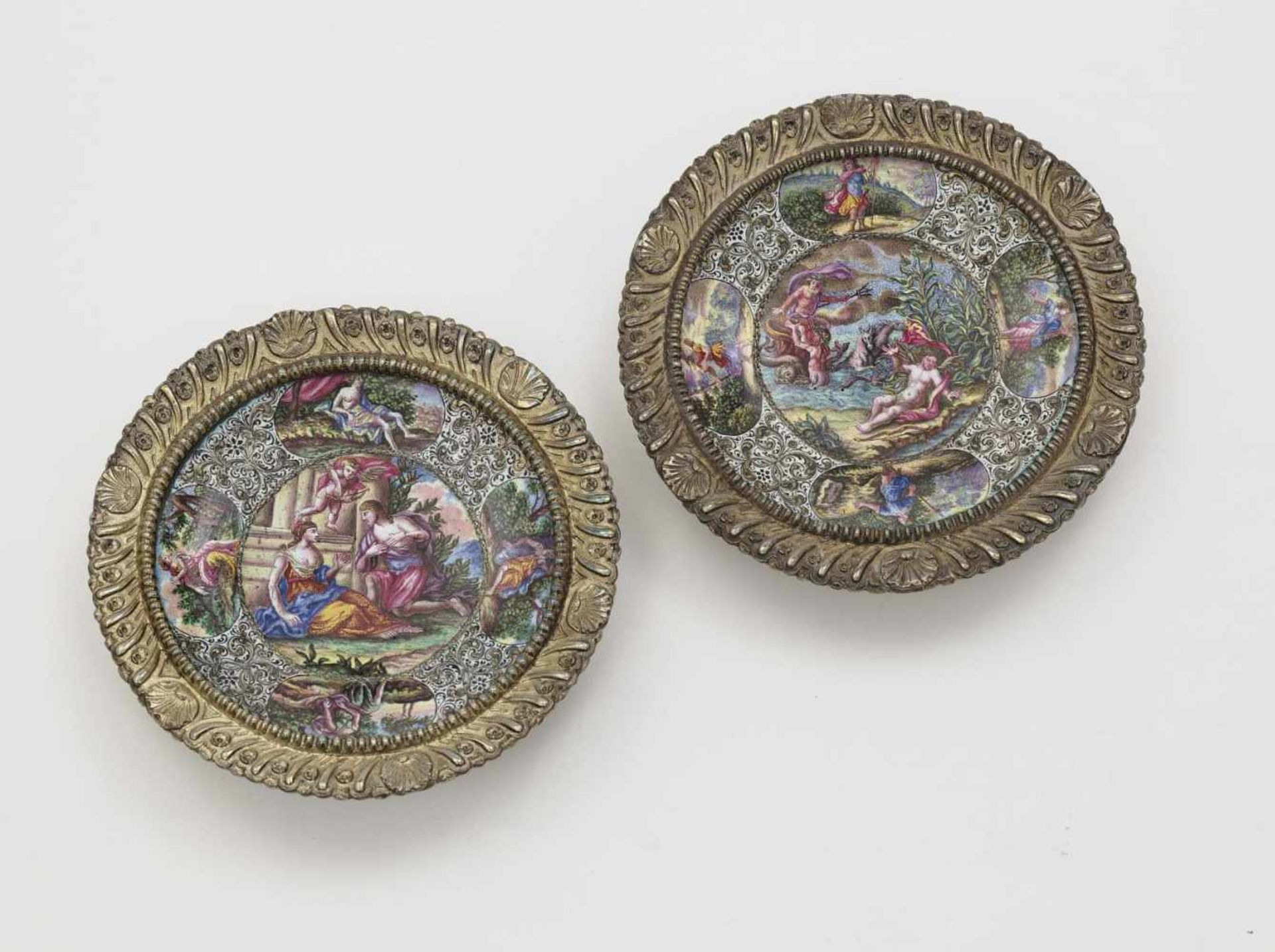 Two Saucers with Painted Enamel DecorationAugsburg, 1701 - 1705, Tobias Baur Silver, gold-plated.