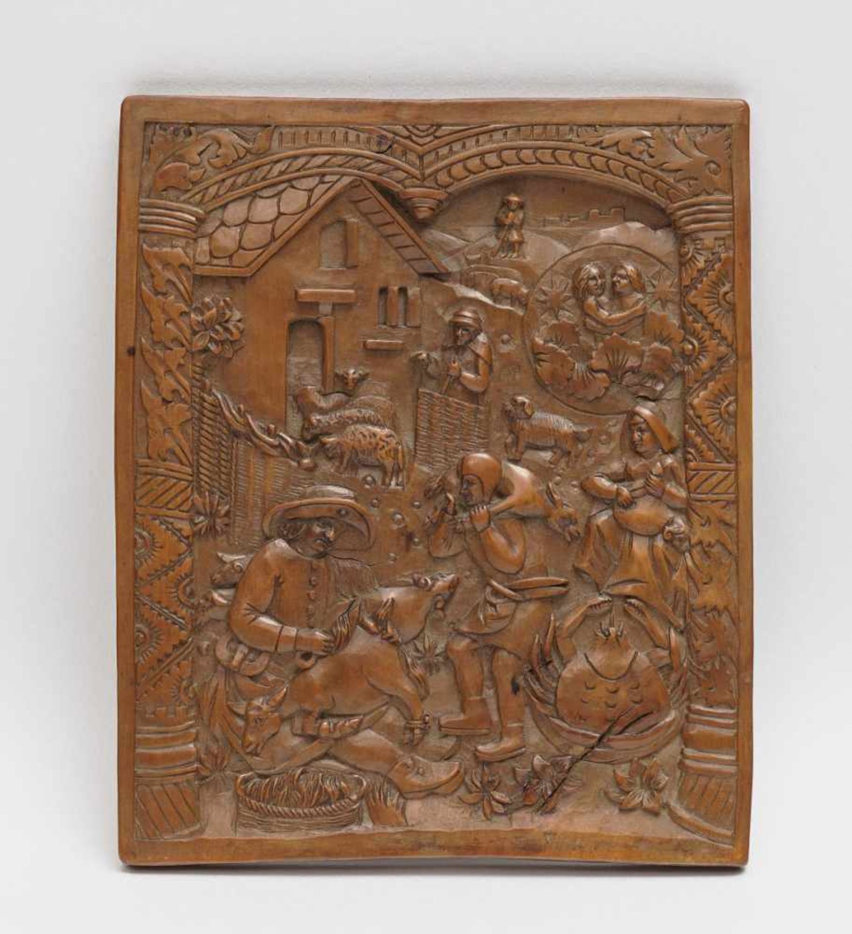 The Month of JuneNetherlands, 16th Century Boxwood relief. 16 x 13 cm.Furnishings, pastoral scene,