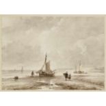 Andreas SchelfhoutBeach Scene with Fishing Boats Signed lower left. Washed ink drawing, partially