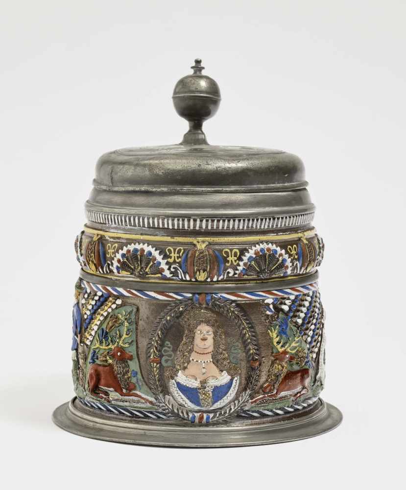 A Stoneware TankardAnnaberg, circa 1670 Stoneware with brown slip glaze glaze, embellished in