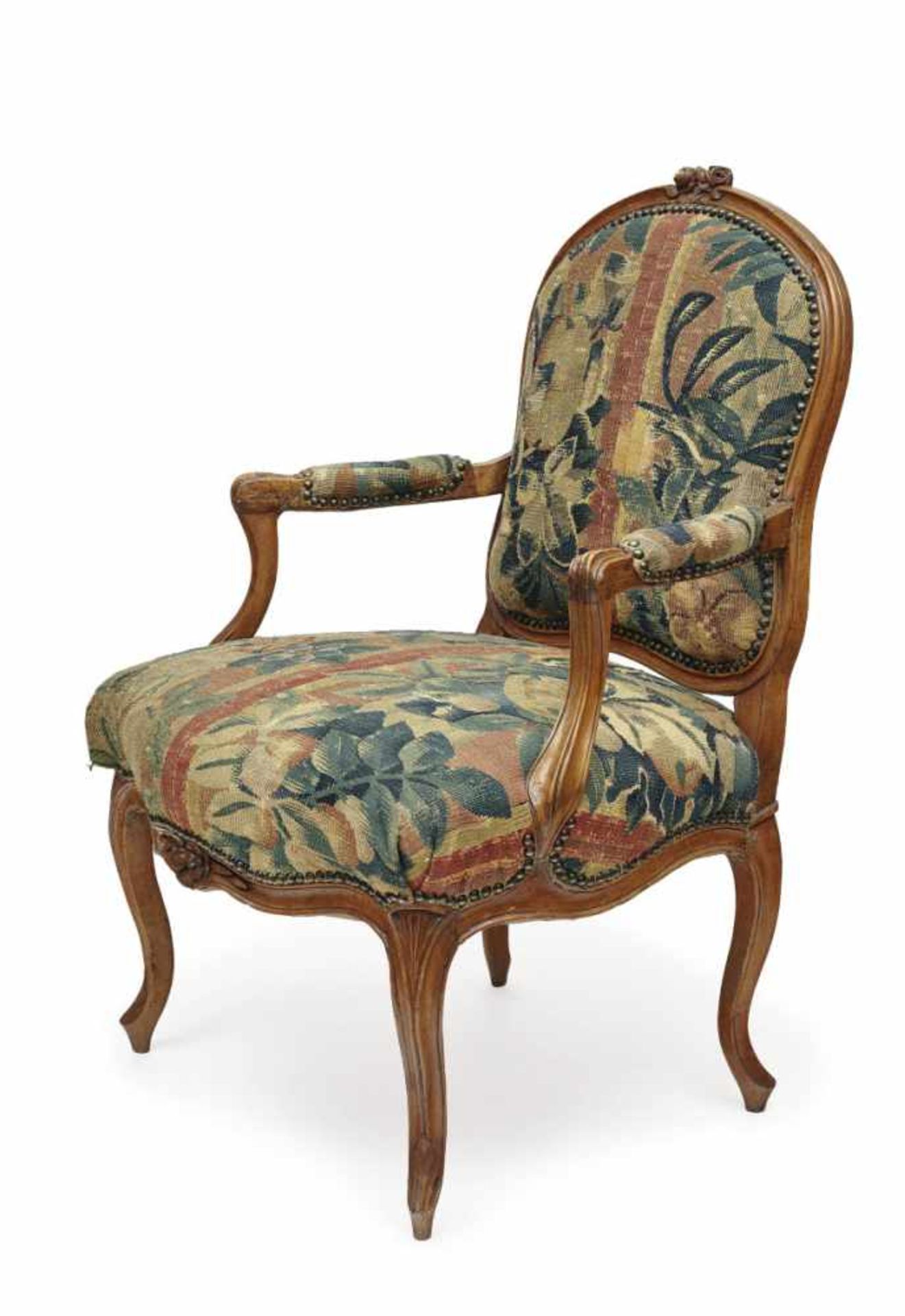 A FauteuilItaly (?), 18th Century Walnut. Tapestry cover. Restored, additions, scuffed. 96 x 66 x 52