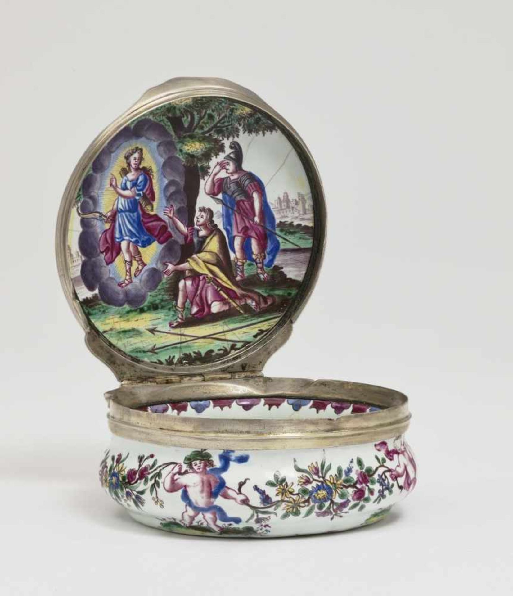 A Snuff BoxGerman (Augsburg), 18th Century Enamel on copper. Silver mount. The lid, monogrammed ''