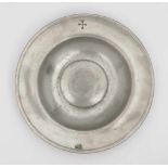 A PlateBraunau am Inn, 17th Century, master V. L. Pewter. Engraved cross on the lip. Hallmarked (