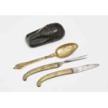 A Three-Piece Travel Cutlery Set with Leather Case18th Century Metal, partly gold-plated. Knife