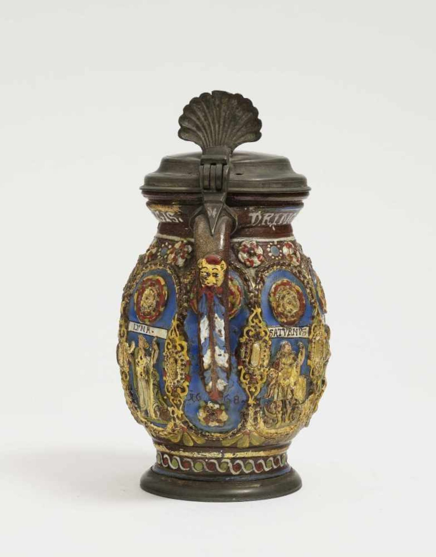 A Stoneware TankardCreussen, dated 1668 Brown, salt-glazed stoneware, embellished in enamels and - Bild 3 aus 3