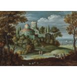 In the style of Paul BrilLandscape with Architectural Motif and Figures Verso inscribed ''Paul Bril,