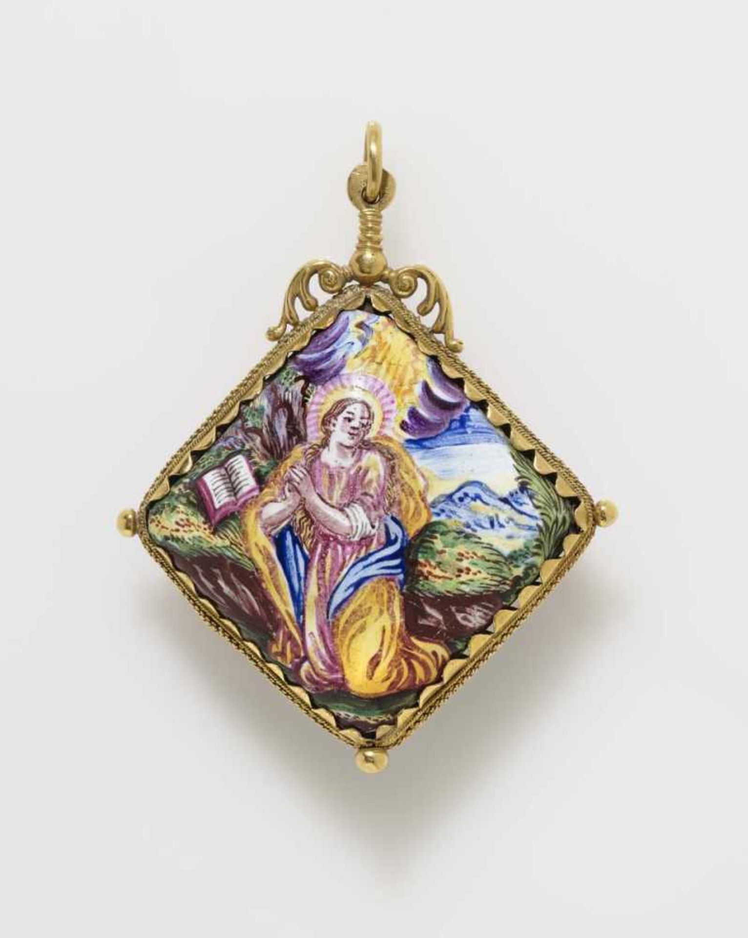 An Enamel PendantProbably Spain, late 17th/early 18th Century 750/- gold. Painted enamel. Good