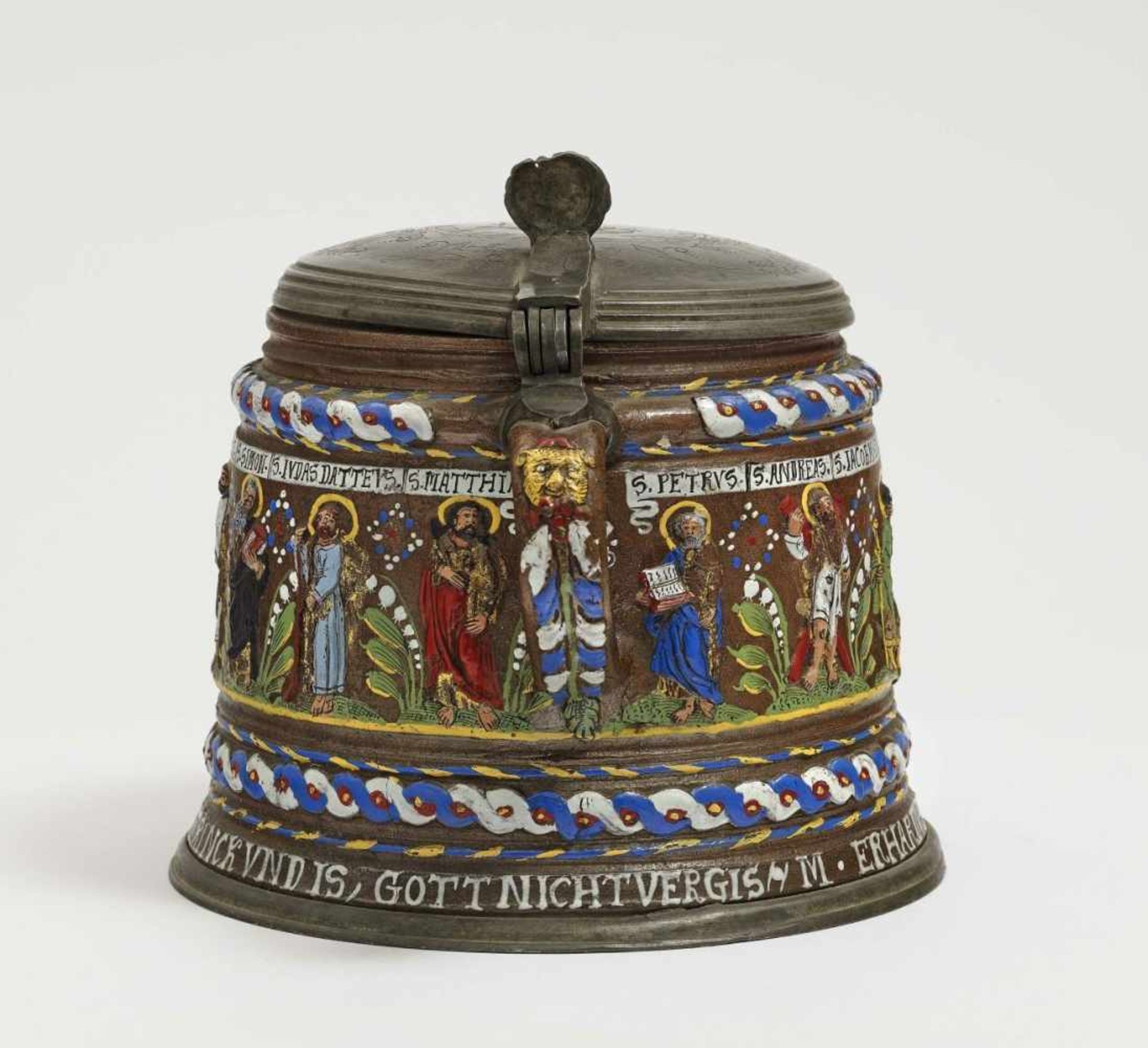 A Stoneware TankardCreussen, dated 1662 Brown, salt-glazed stoneware, embellished in enamels and - Bild 3 aus 3