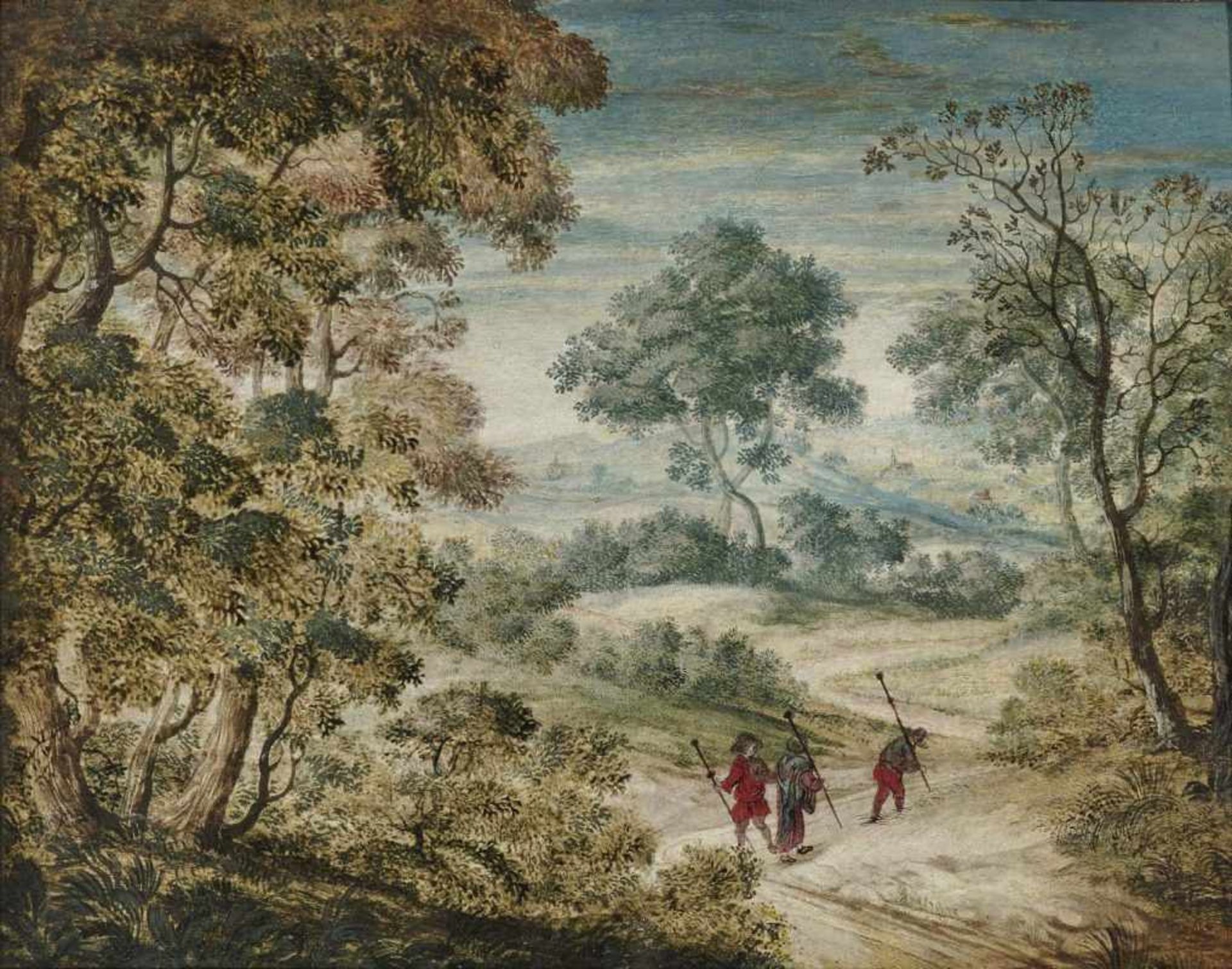 In the style of Coninxloo, Gillis vanExtensive Woodland Landscape with Travellers Gouache on