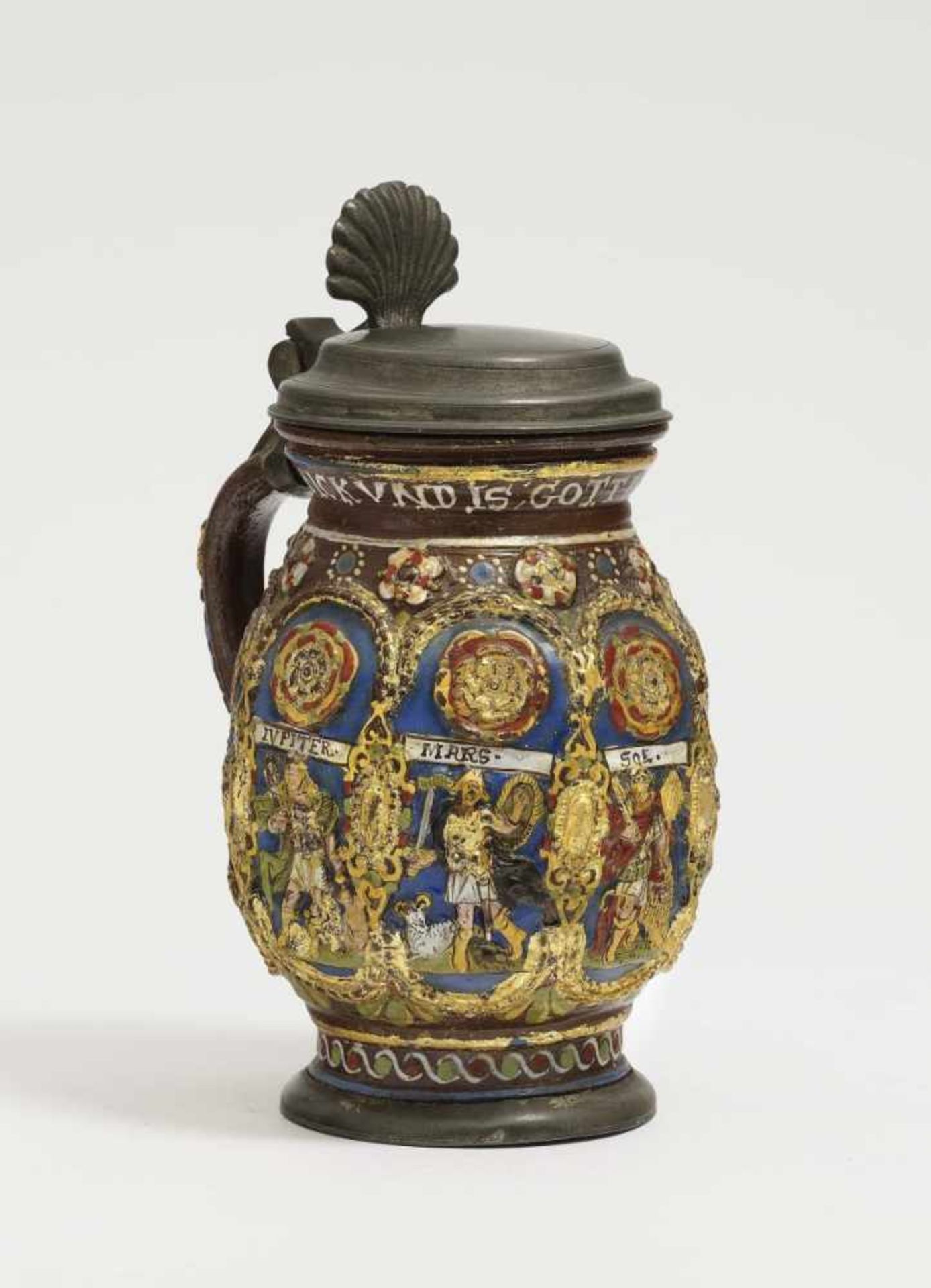 A Stoneware TankardCreussen, dated 1668 Brown, salt-glazed stoneware, embellished in enamels and - Bild 2 aus 3
