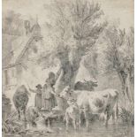 Johann Friedrich VoltzPeasant Girl with Cows at the Watering Hole Signed lower right and dated