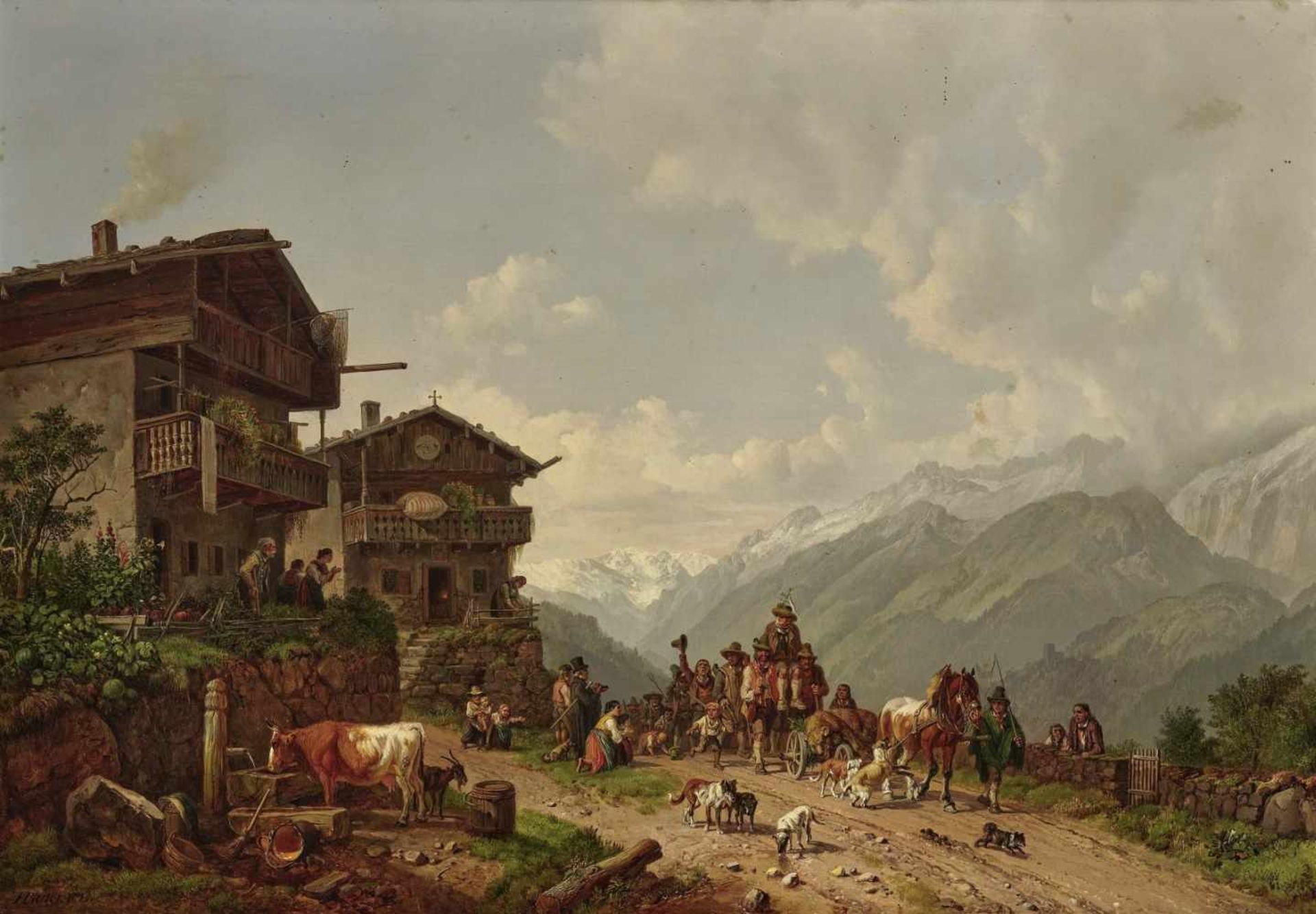 Heinrich Bürkel, 1802 Pirmasens - 1869 MunichReturn from the Bear Hunt Signed lower left. Oil on