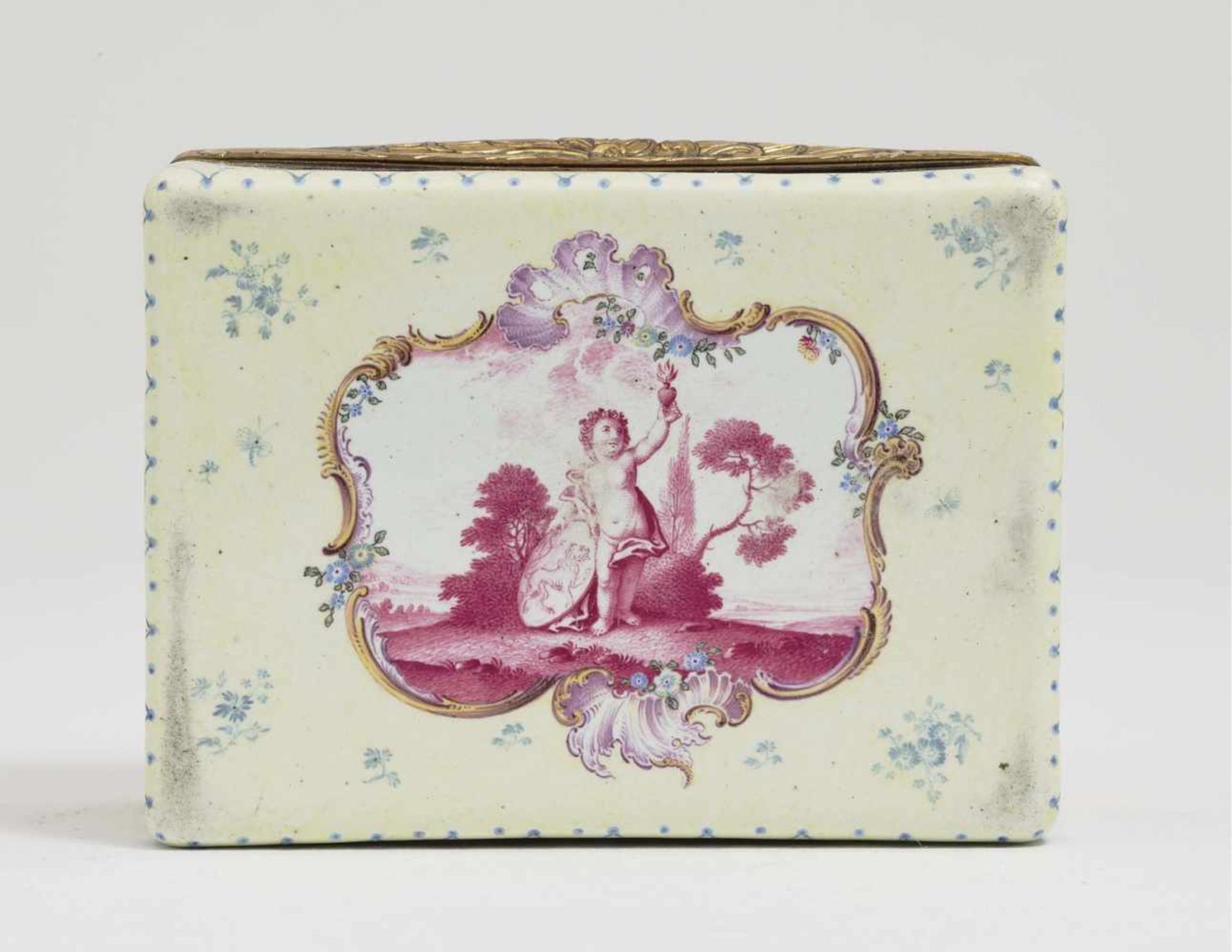 A Snuff BoxMid-18th Century Enamel on copper. Gold-plated copper mount. Rectangular with hinged lid. - Image 4 of 4