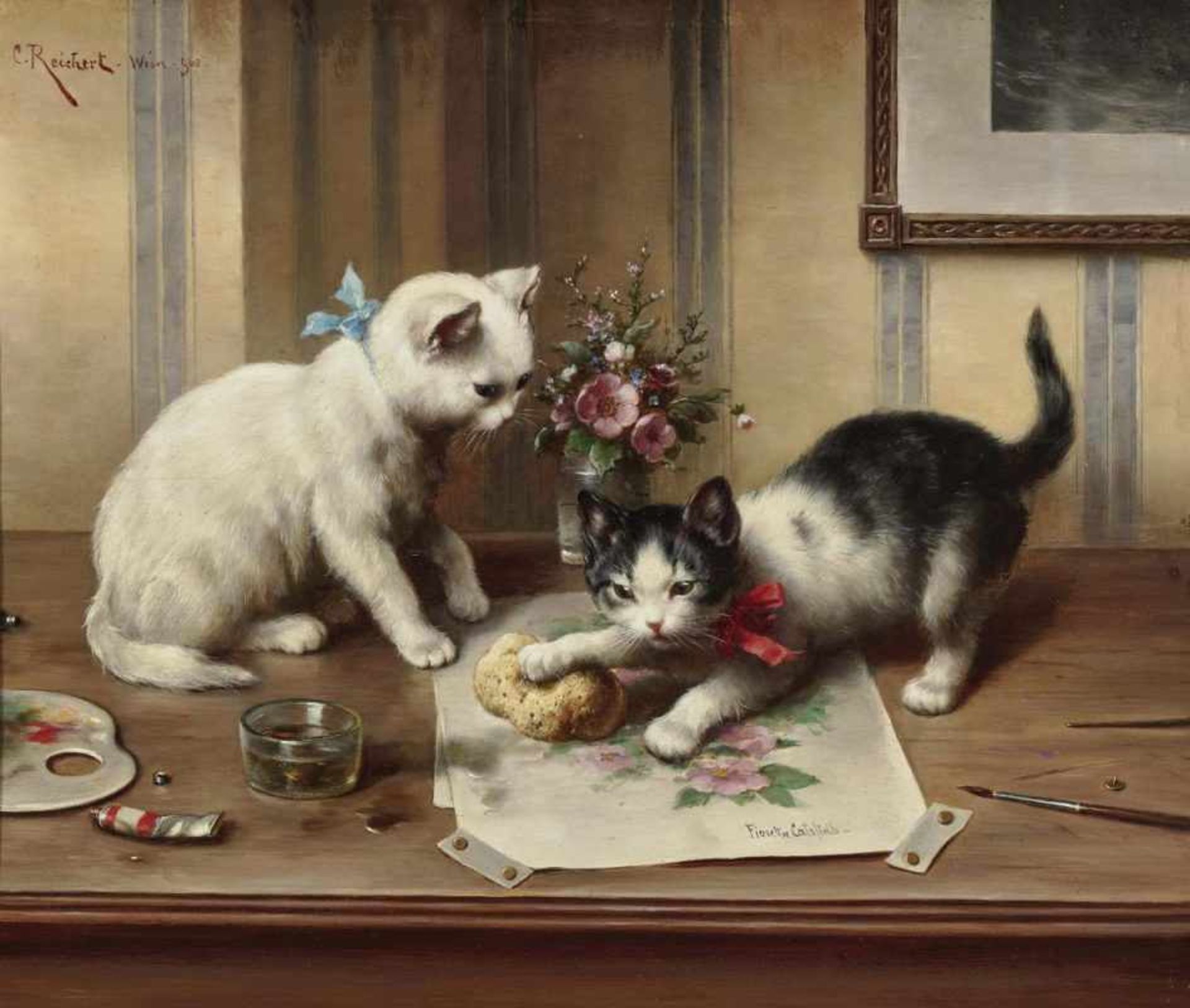 Carl ReichertTwo Cats as Artists Signed upper left, inscribed ''Wien'' and dated (1)900. Verso
