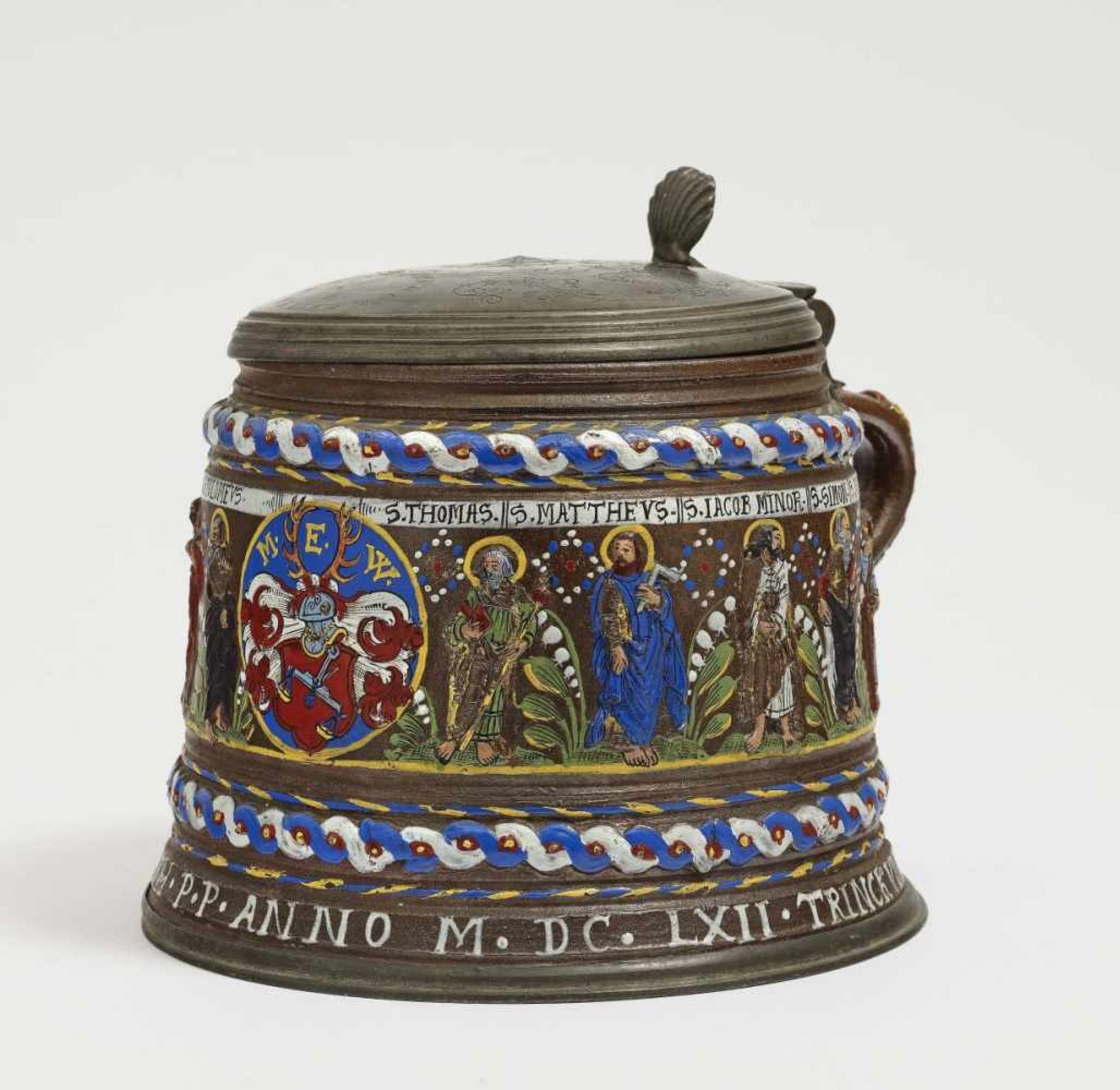 A Stoneware TankardCreussen, dated 1662 Brown, salt-glazed stoneware, embellished in enamels and