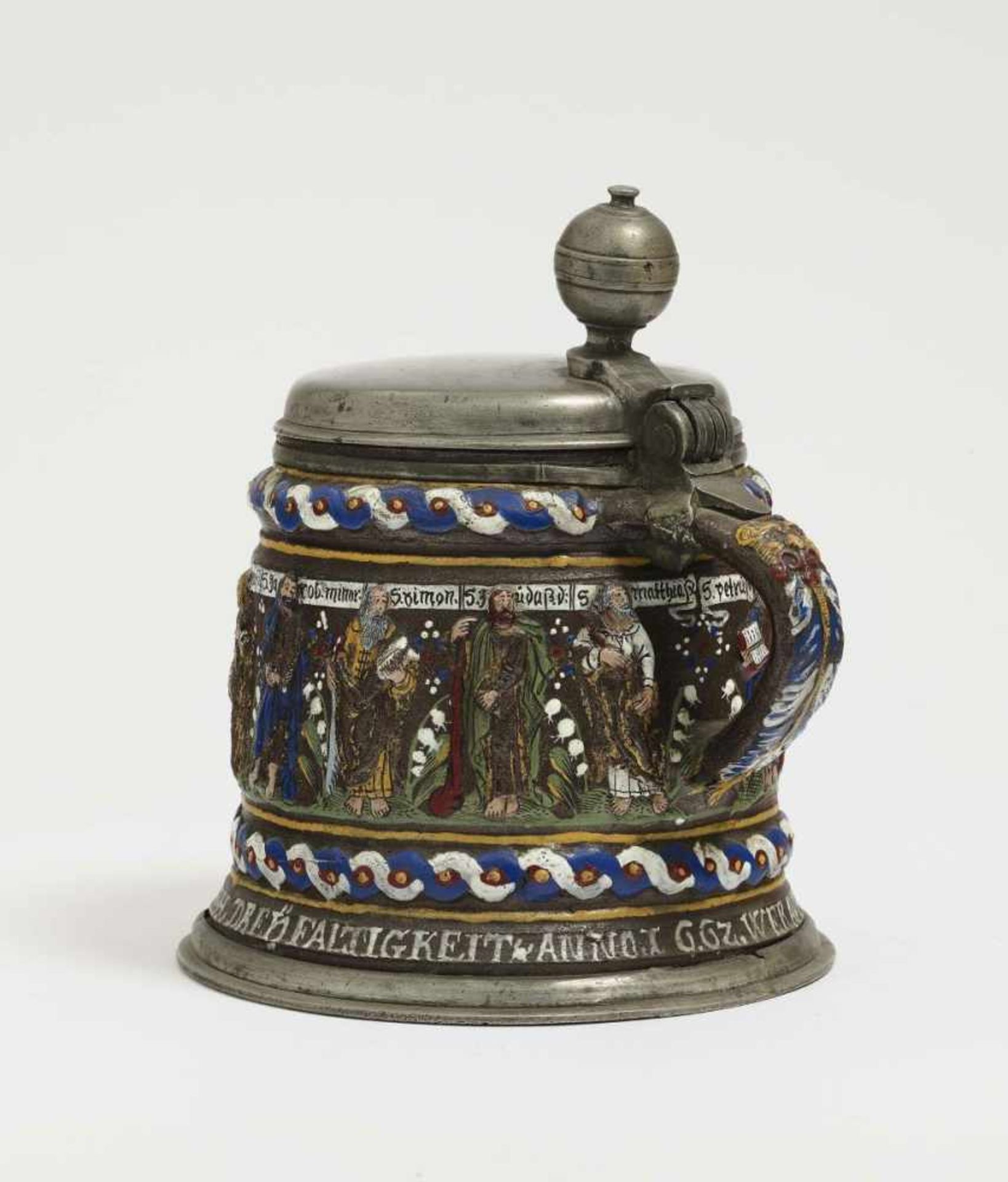 A Stoneware TankardCreussen, dated 1662 Brown, salt-glazed stoneware, embellished in enamels and - Bild 2 aus 4