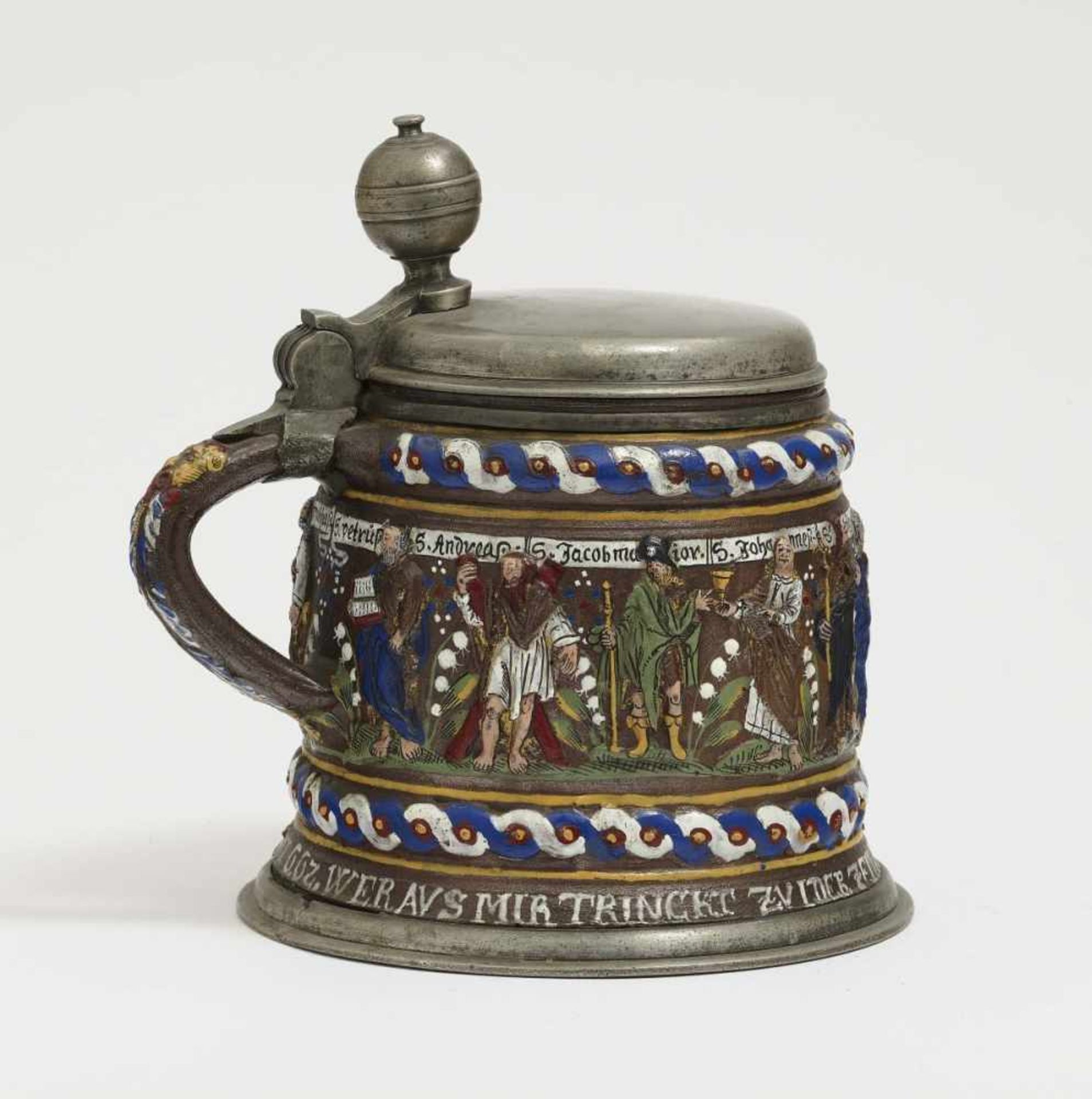 A Stoneware TankardCreussen, dated 1662 Brown, salt-glazed stoneware, embellished in enamels and - Bild 3 aus 4