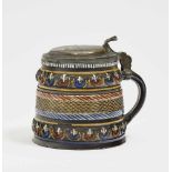 A TankardAnnaberg, circa 1680/1690 Stoneware with slip, decorated with colourful enamels and