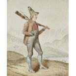 German School circa 1829Hunter - Peasant Woman in Front of Devotional Picture One sheet inscribed