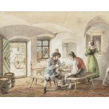 Lorenzo QuaglioThe Coachman's Wages Signed lower right and dated 1847. Watercolour, black edging