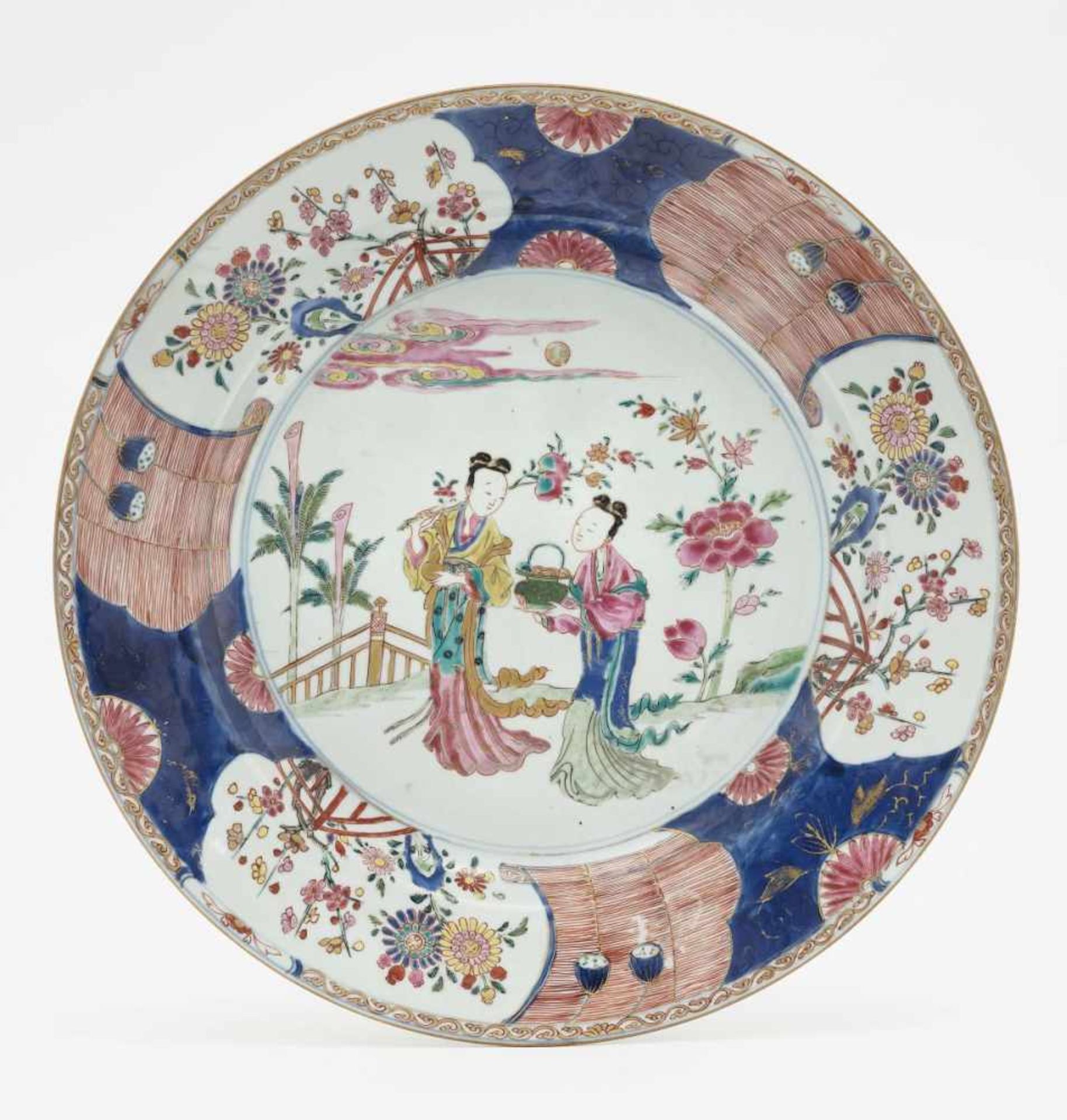 A Pair of PlattersChina, 18th Century Porcelain. Colourful decoration with gilding in the style