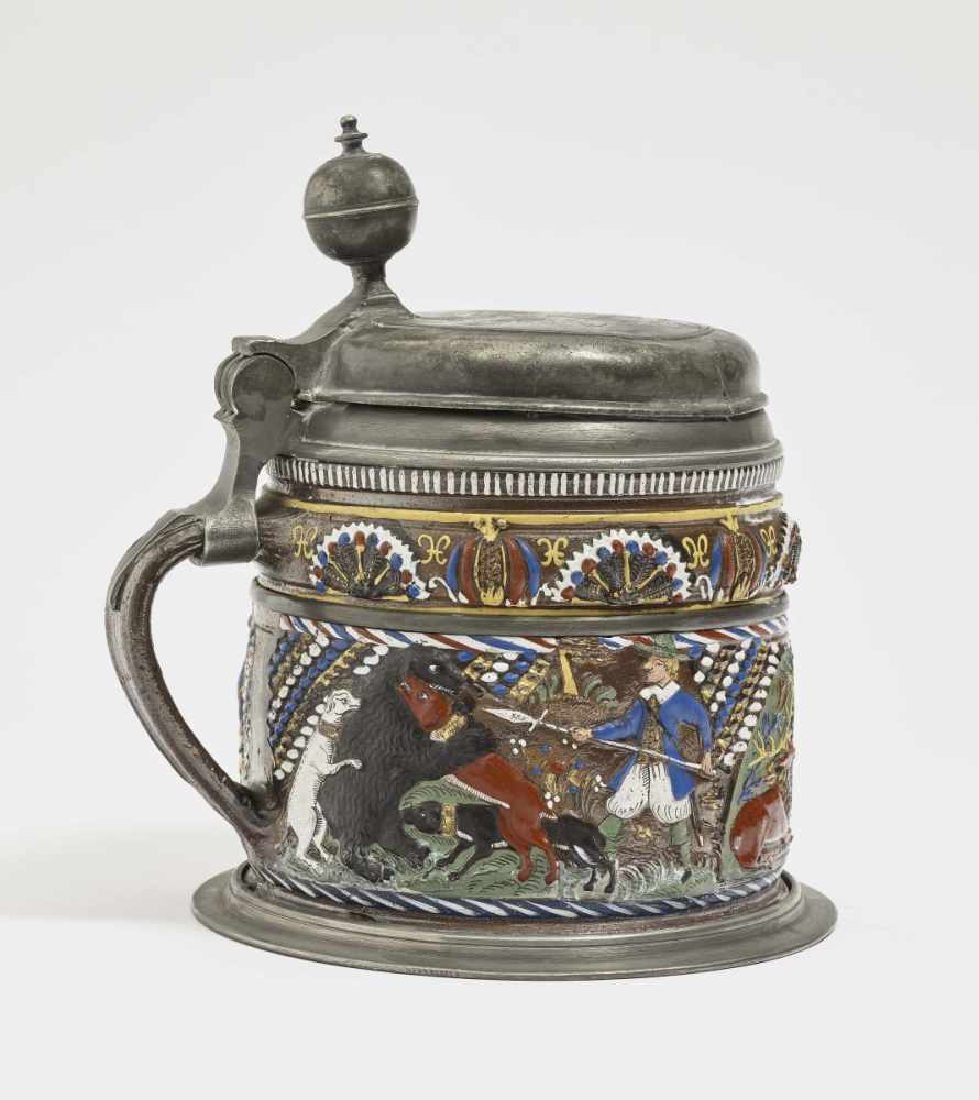 A Stoneware TankardAnnaberg, circa 1670 Stoneware with brown slip glaze glaze, embellished in - Image 3 of 3