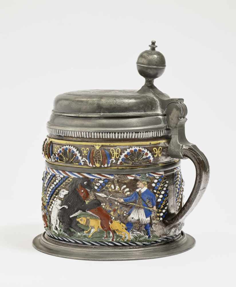 A Stoneware TankardAnnaberg, circa 1670 Stoneware with brown slip glaze glaze, embellished in - Image 2 of 3