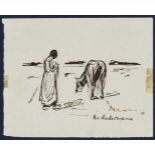 Max Liebermann, 1847 - Berlin - 1937Girl with a Cow Signed lower left. Ink drawing on paper. 9.3 x