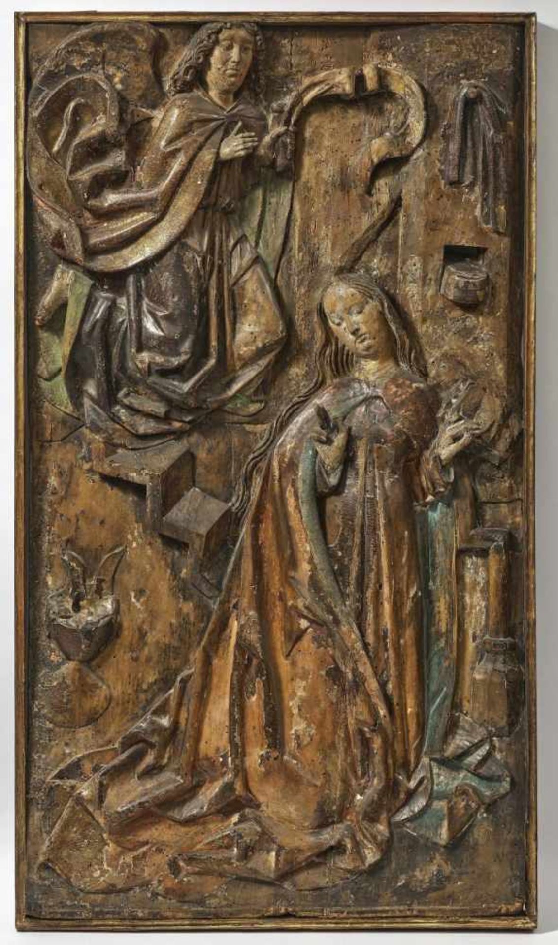 The AnnunciationSouth German, circa 1480/90 Limewood relief. Restored, small losses. Remnants of