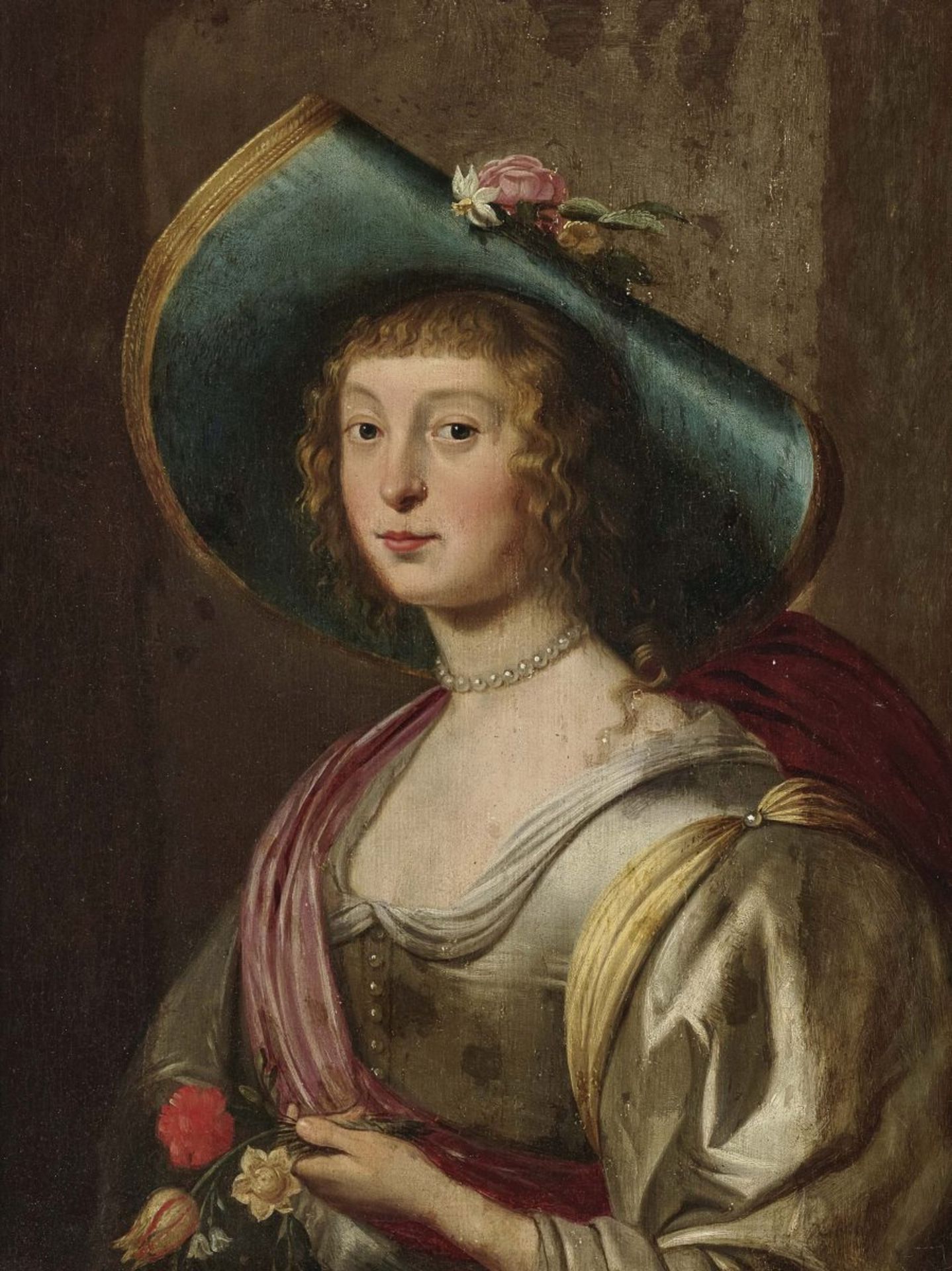 Dutch School (Utrecht?) 17th centuryPortrait of a Lady with a Flower Hat Oil on panel. 52 x 39 cm.