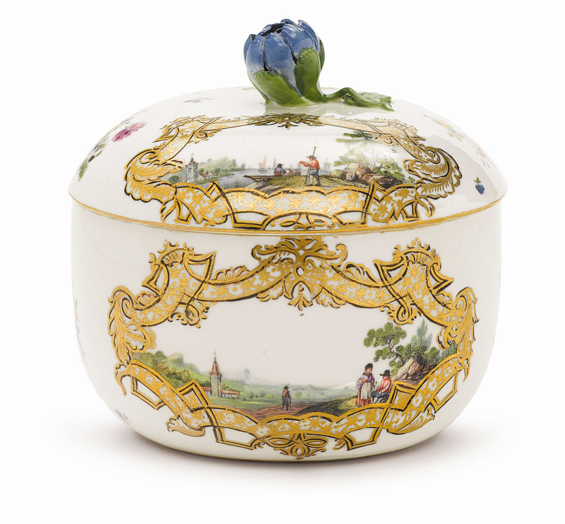 A sugar bowlMeissen, circa 1745/1750 Porcelain. Polychrome and gold decoration. Blue crossed