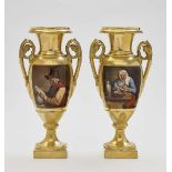 A pair of amphora vases19th century Porcelain, gilt. Base inscribed ''Schoelcker''. One handle